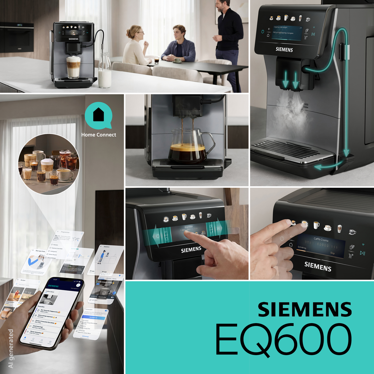 Machine à café Siemens EQ600 montrant diverses boissons au café et contrôle via app.