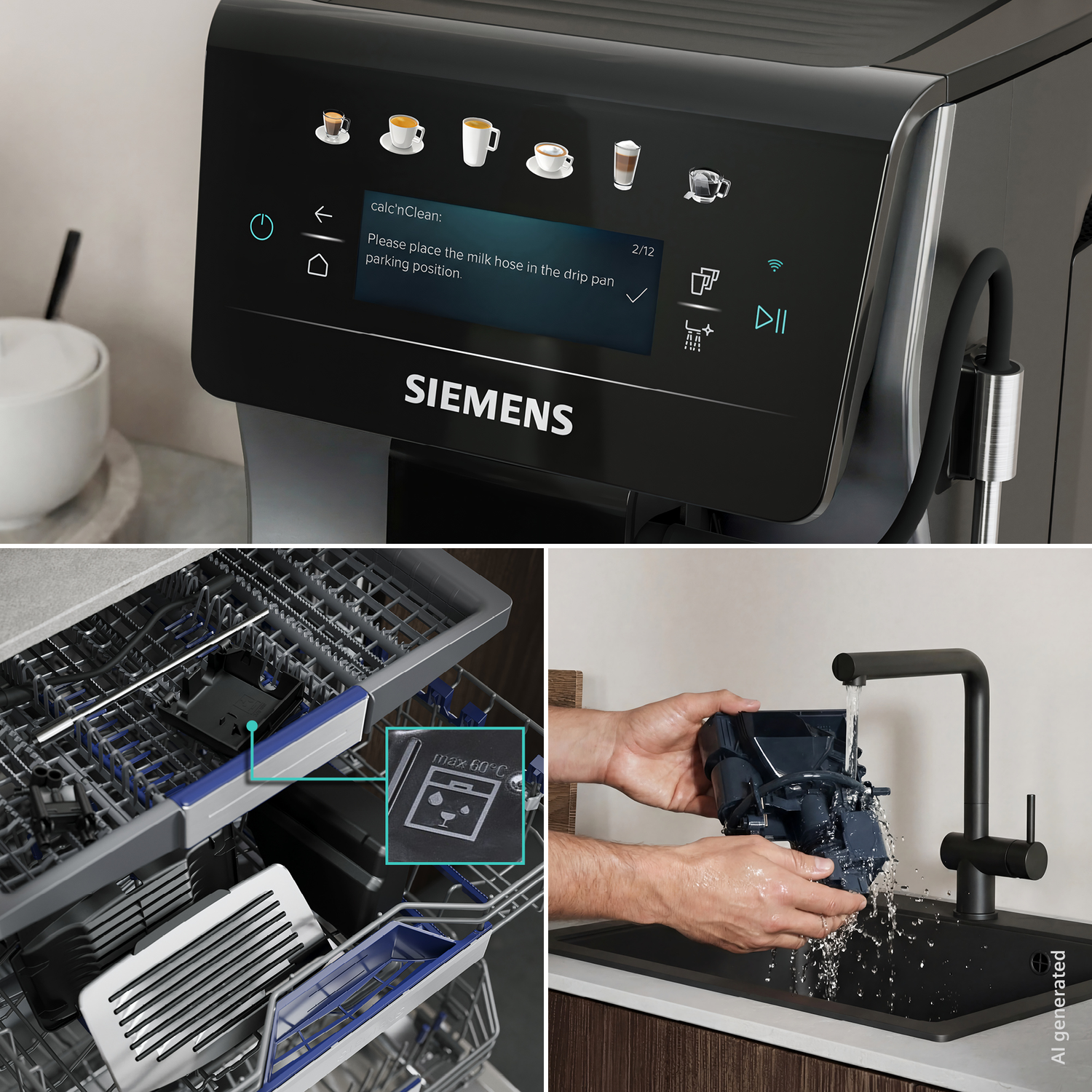Un collage de trois images : un écran de machine à café, un panier de lave-vaisselle et des mains rinçant une pièce de machine à café sous un robinet.
