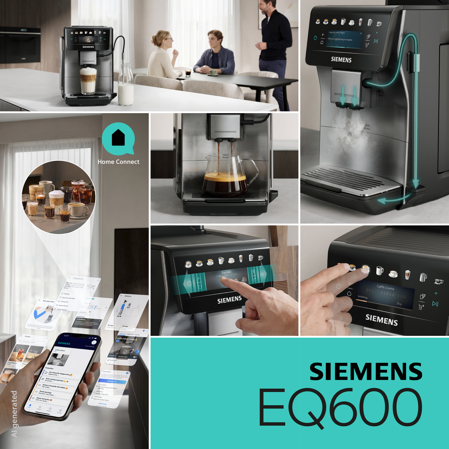 Un collage de neuf images présentant la machine à café Siemens EQ600, ses fonctionnalités et l'interaction utilisateur, avec le nom de la marque et le numéro de modèle en bas à droite.