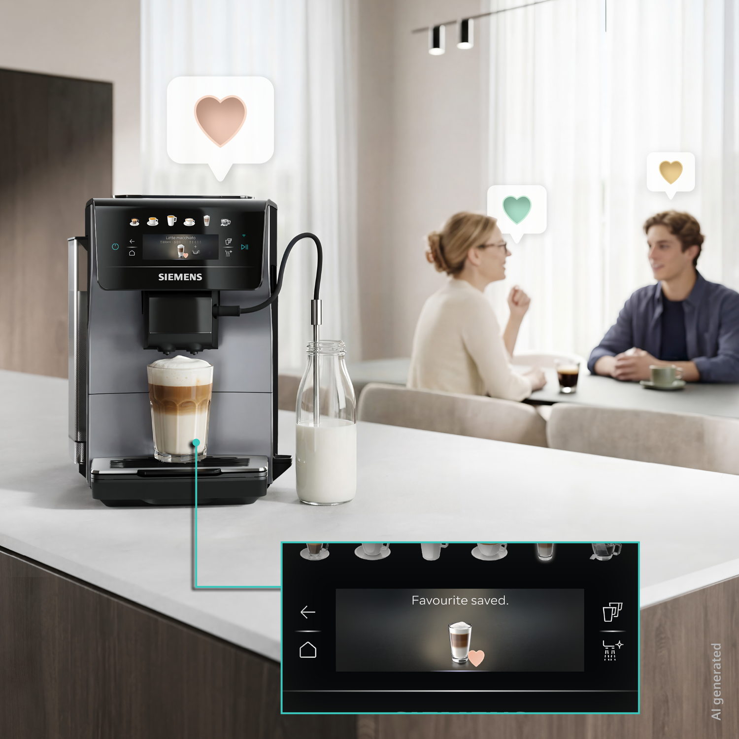 Machine à café fait un latte macchiato, un couple parle au fond.