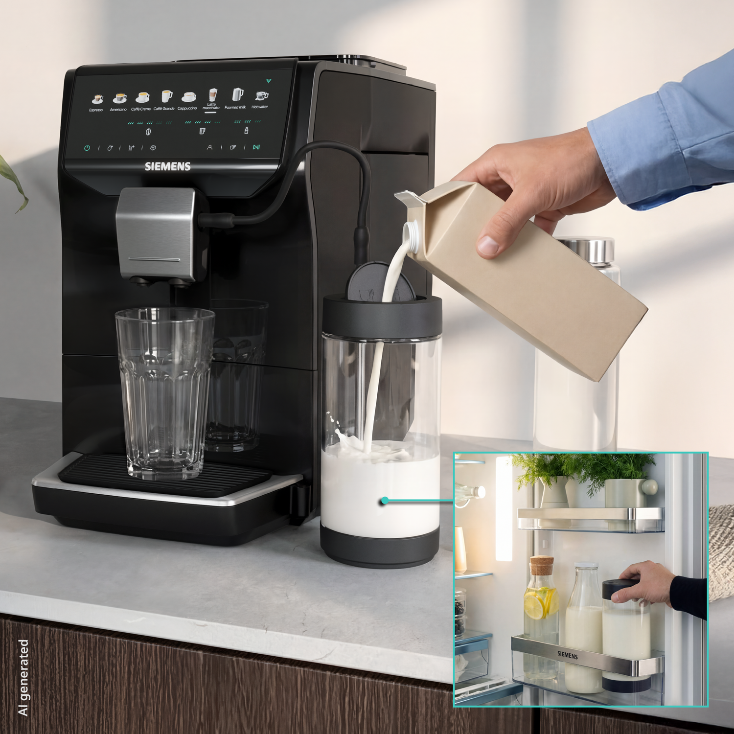 Un homme verse du lait d'une brique dans le récipient à lait d'une machine à café.