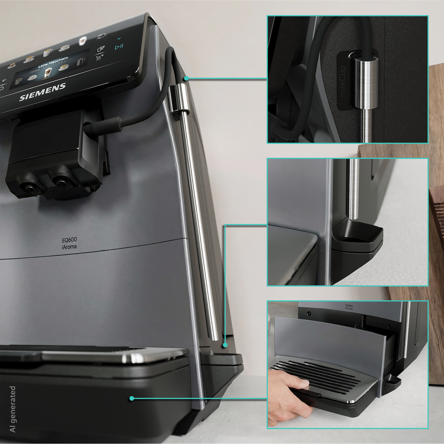 Une machine à café Siemens EQ600 iAroma avec écran numérique, affichant des options comme le Latte Macchiato. Une main retire le bac d'égouttement.