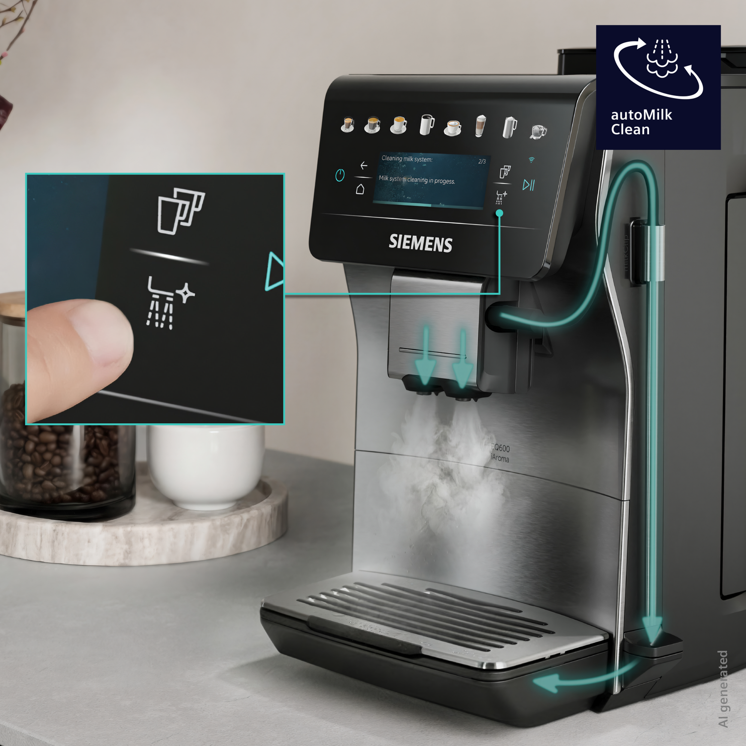 Une personne lance le nettoyage du système de lait sur une machine à café Siemens.