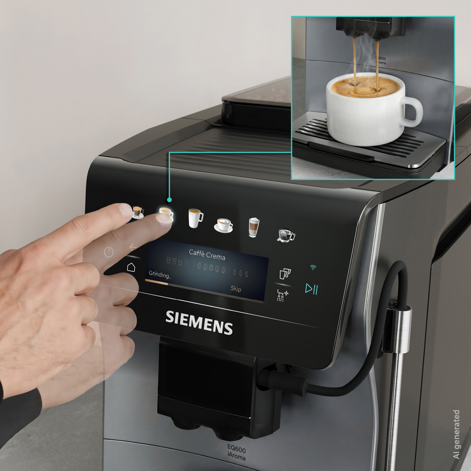 Gros plan d'une machine à café Siemens avec une main touchant l'écran, montrant le café versé dans une tasse blanche.