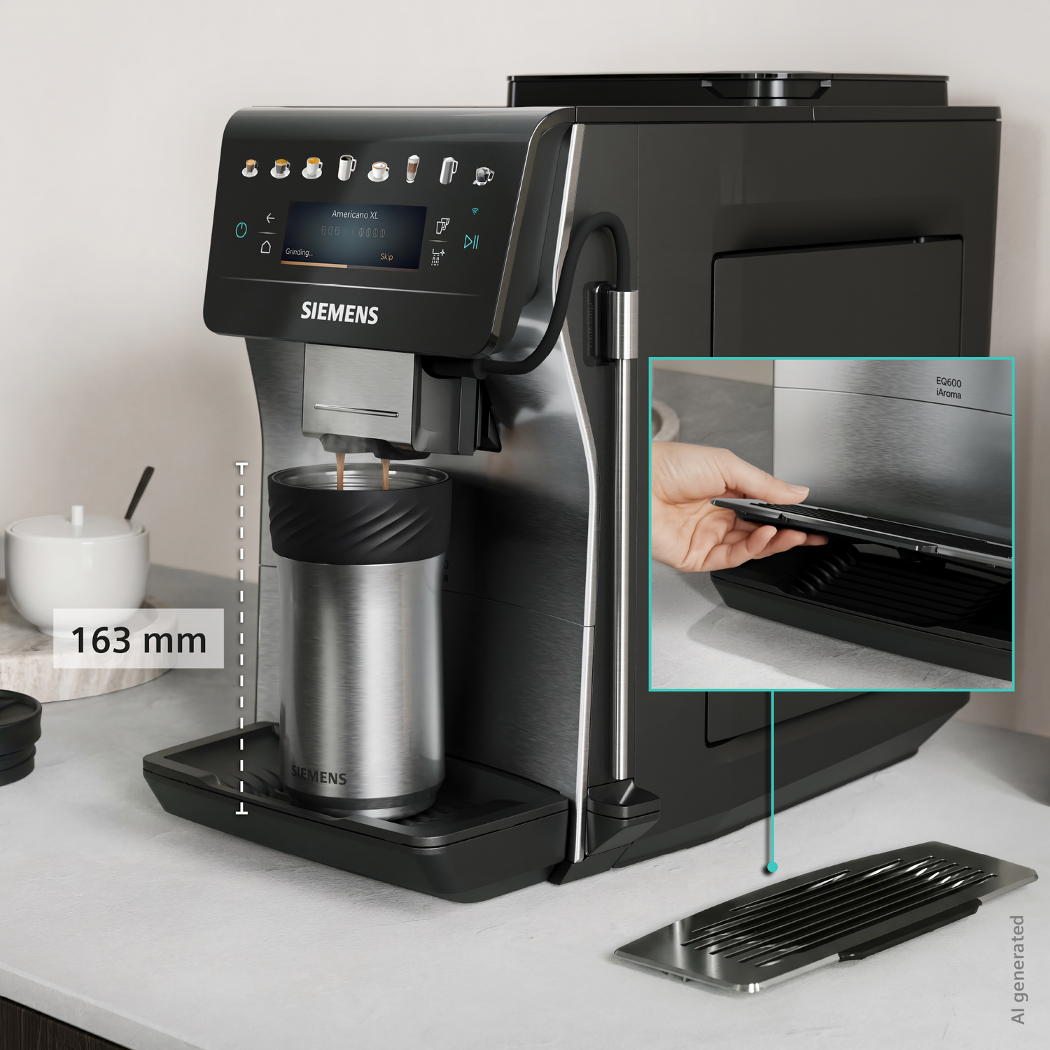 Une machine à café Siemens prépare un café dans une tasse argentée. La hauteur de 163 mm est indiquée.