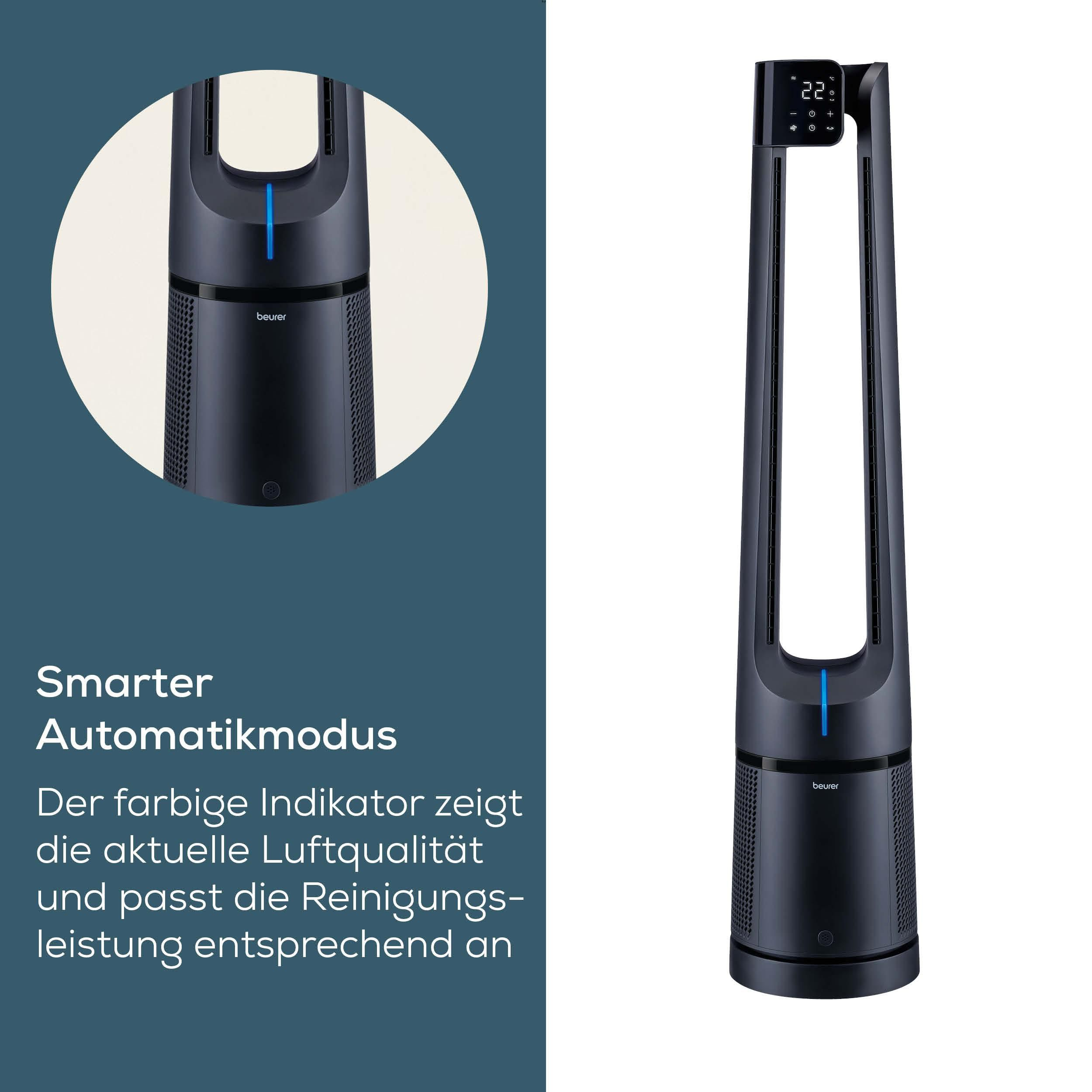Ein schwarzer Turmventilator mit digitaler Anzeige und blauem Licht.