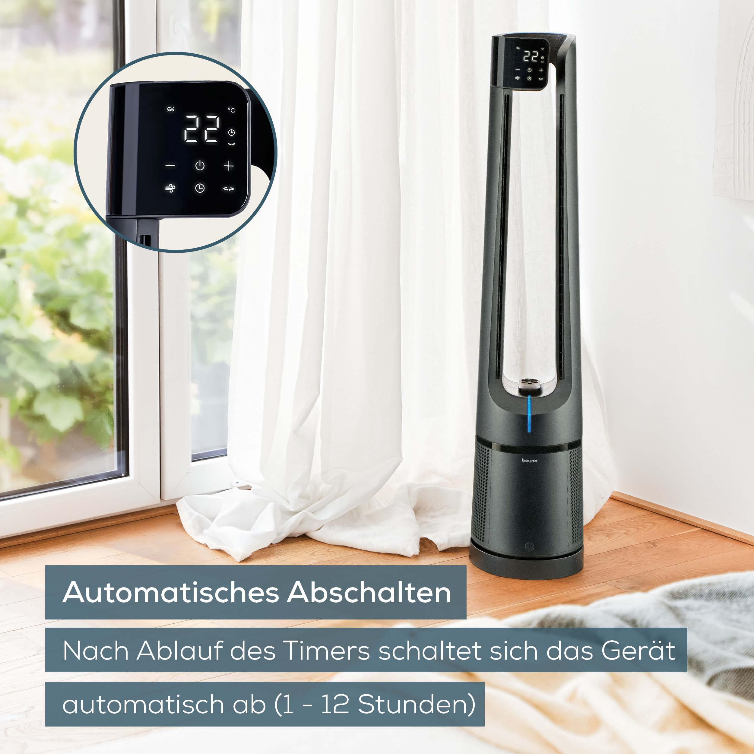 Ein schlanker, schwarzer Turmventilator mit digitalem Display zeigt 22 Grad an.