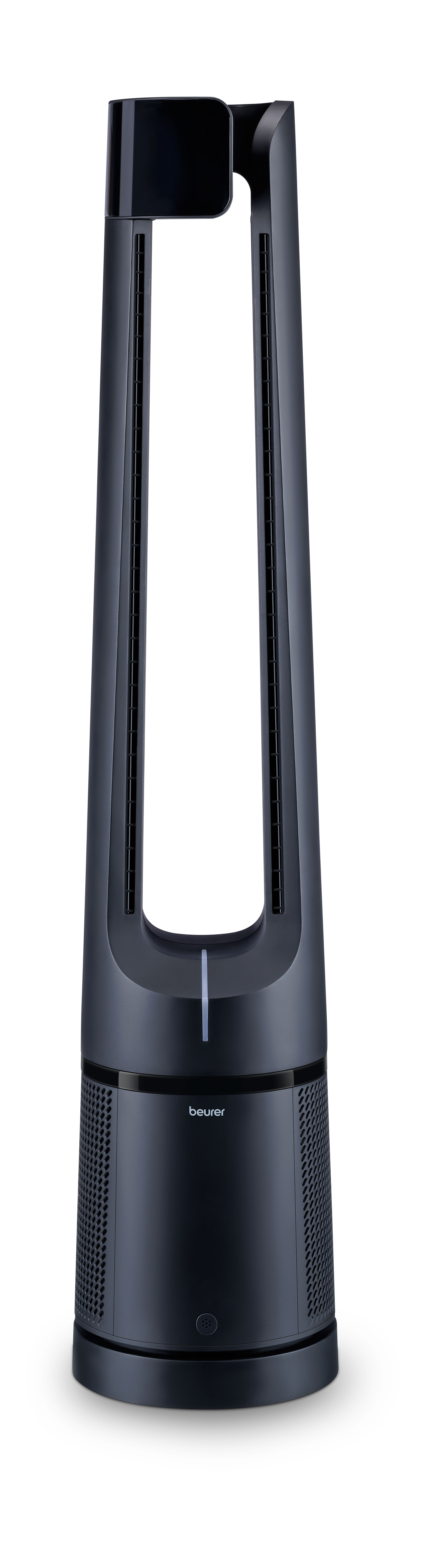 Ein dunkler Turmventilator mit Lüftungsschlitzen und einem Lautsprechergitter.