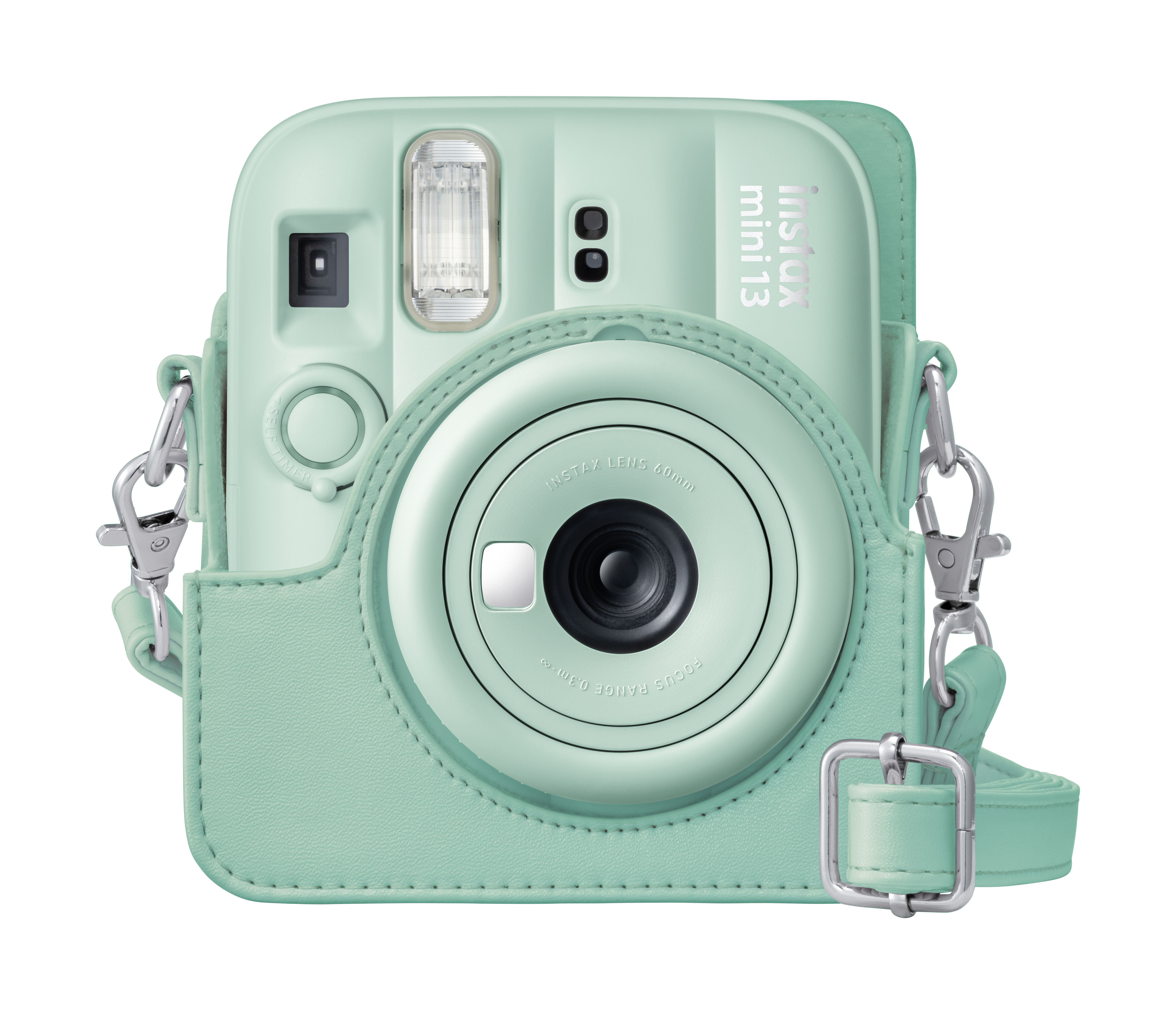 Eine mintgrüne Instax Mini 13 Sofortbildkamera mit einer passenden Ledertasche.