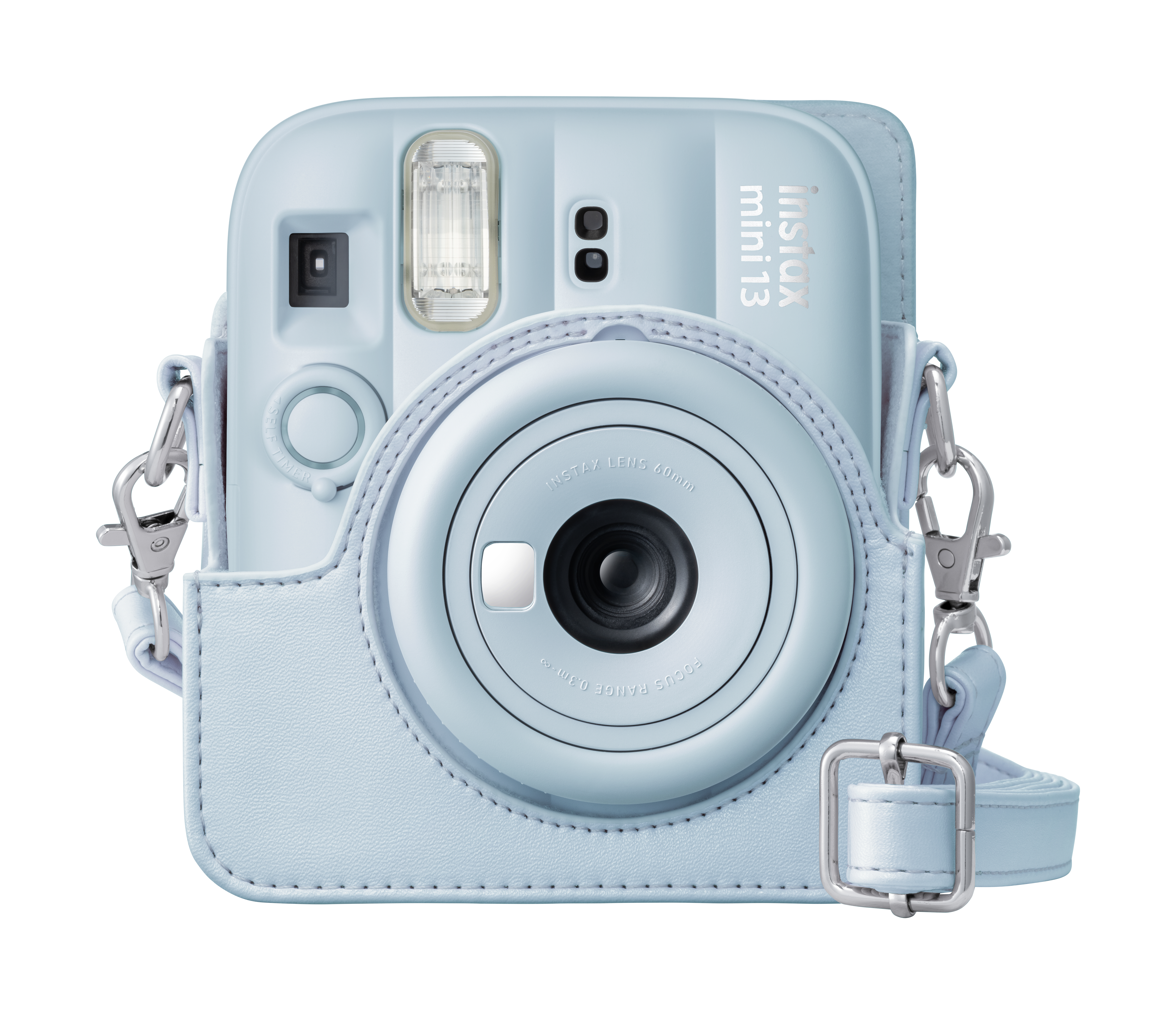 Eine hellblaue Instax Mini 13 Sofortbildkamera mit Schutzhülle und Riemen.