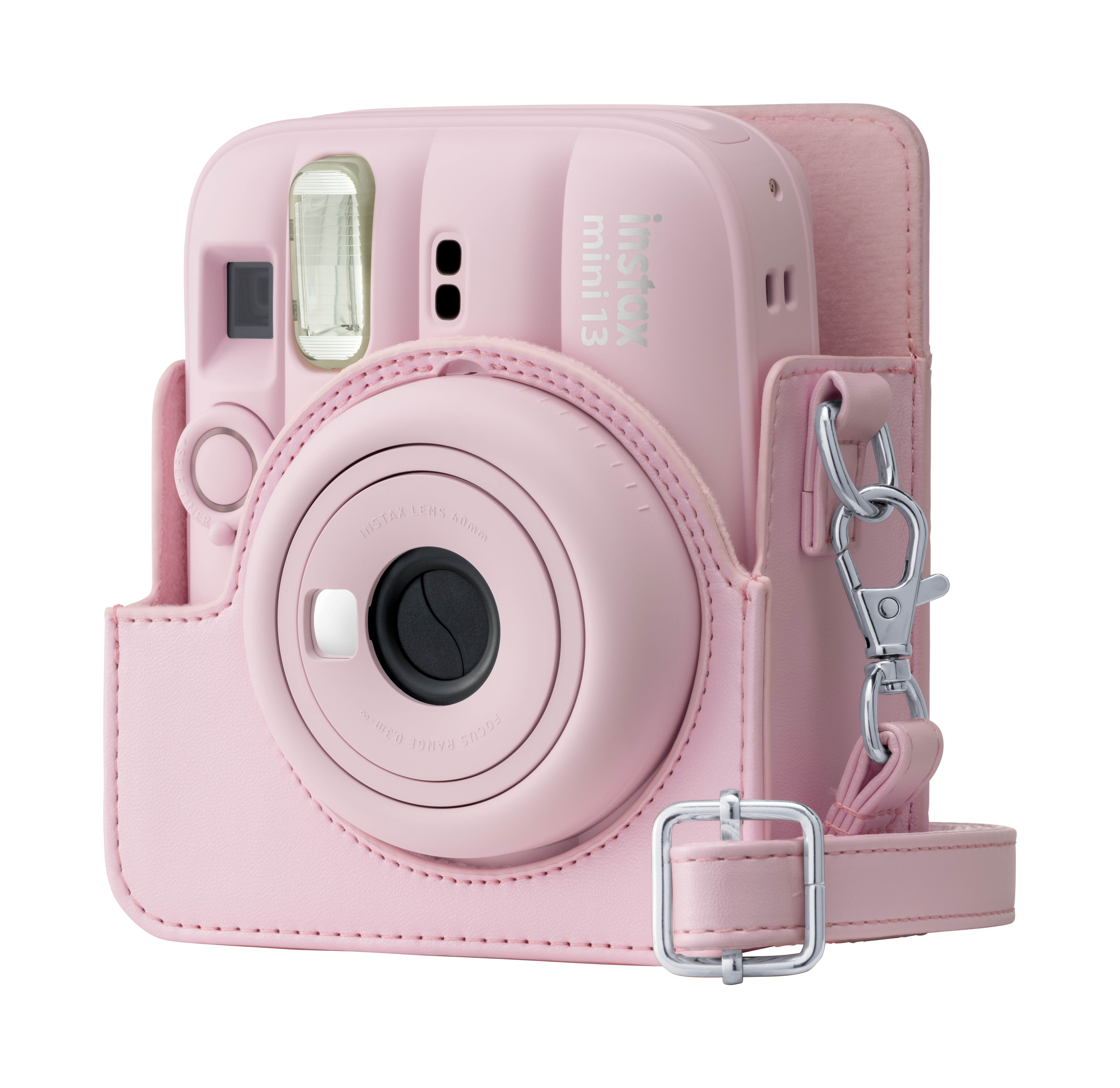 Eine rosa Instax Mini 13 Kamera in einer passenden Hülle mit Riemen.
