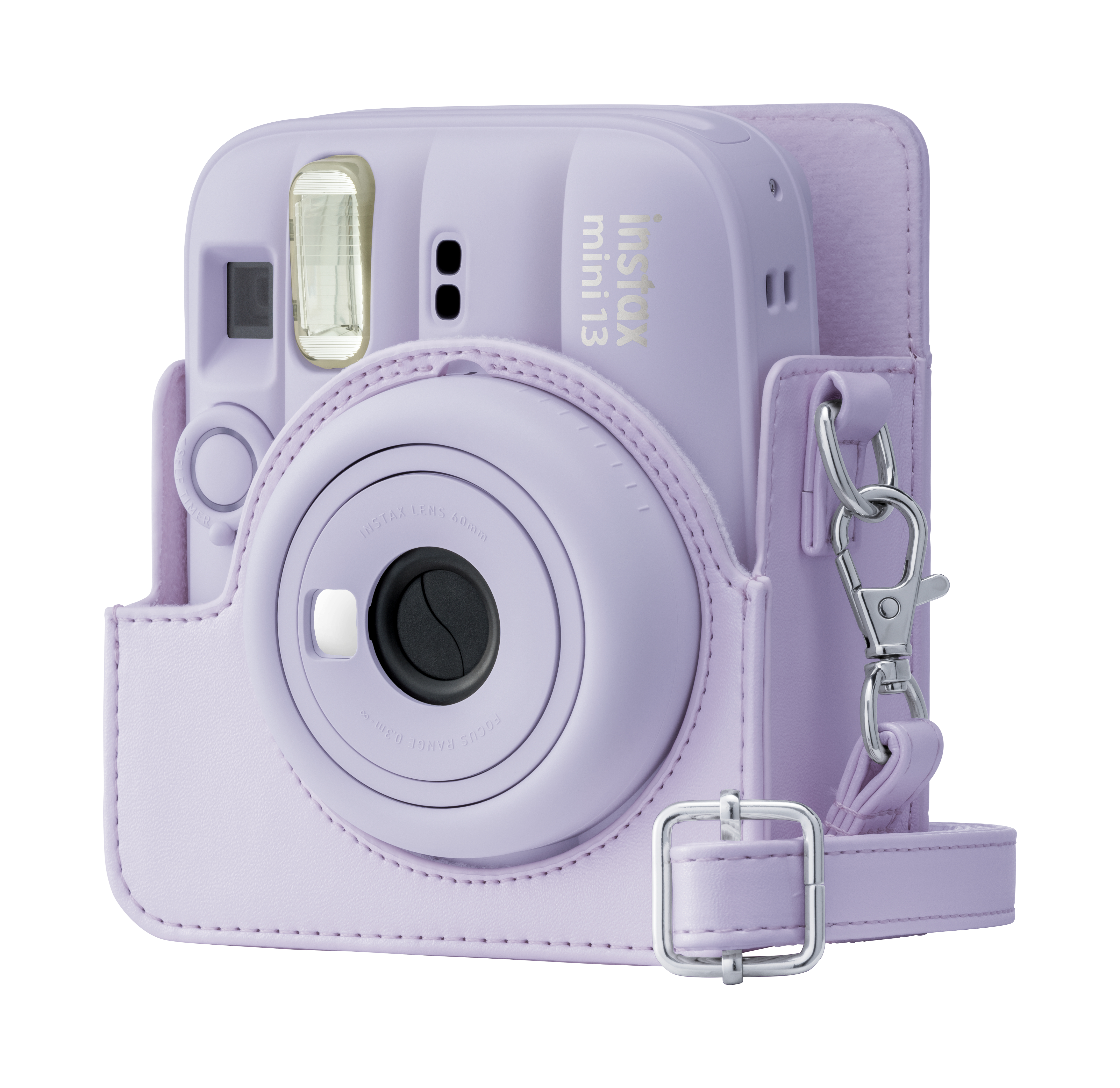 Eine lila Fujifilm Instax Mini 13 Sofortbildkamera in einer passenden Hülle.