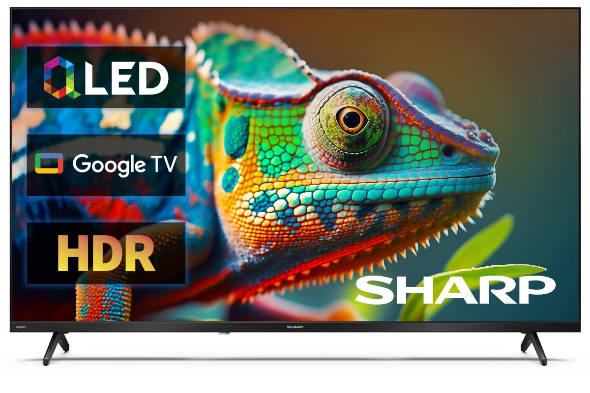 Telewizor Sharp wyświetla kolorowego kameleona z nakładkami tekstowymi: LED, Google TV i HDR, na białym tle.