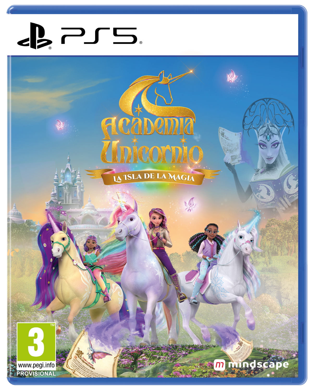 Tres chicas montan unicornios en un paisaje mágico con un castillo.