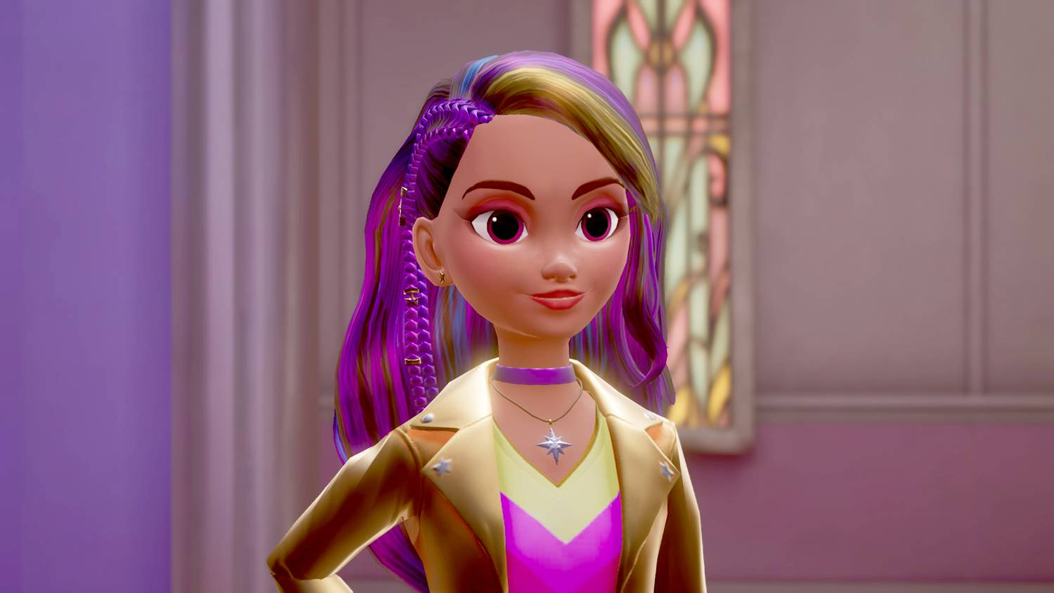 Una chica de dibujos animados con pelo morado y amarillo lleva una chaqueta dorada.