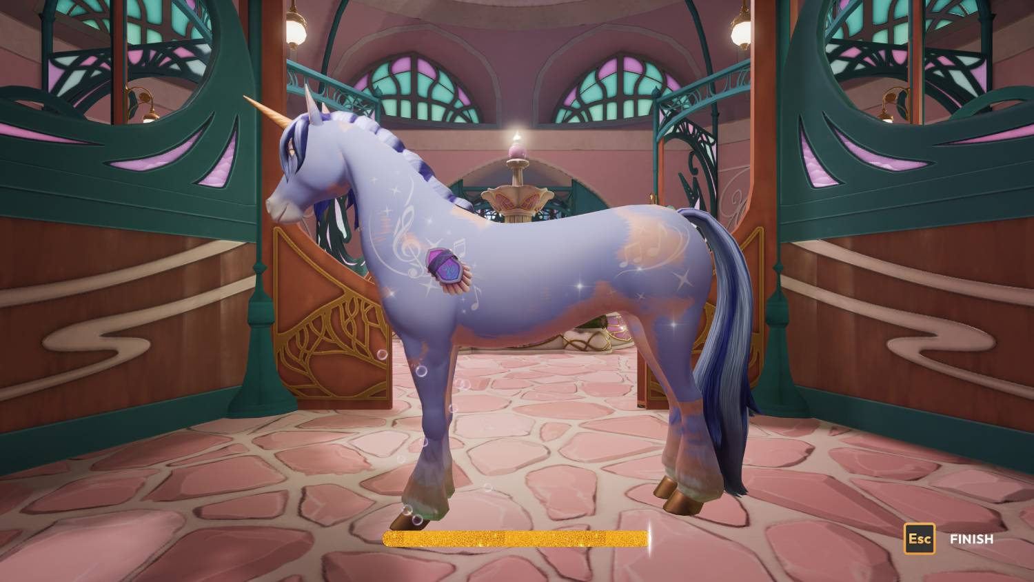 Un unicornio azul con notas musicales y estrellas sobre un suelo rosa.