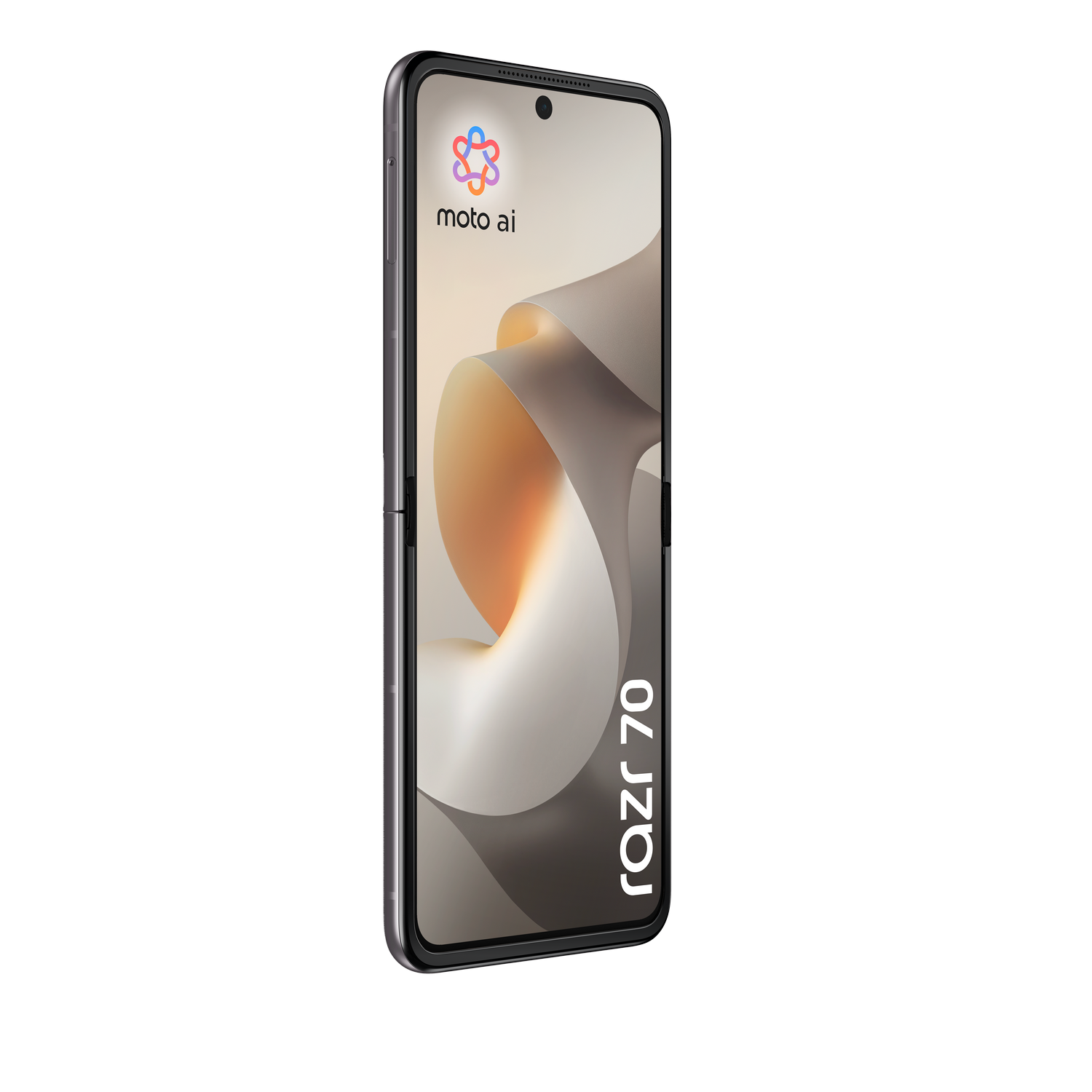 Un teléfono plegable Motorola Razr 70 gris sobre fondo gris.