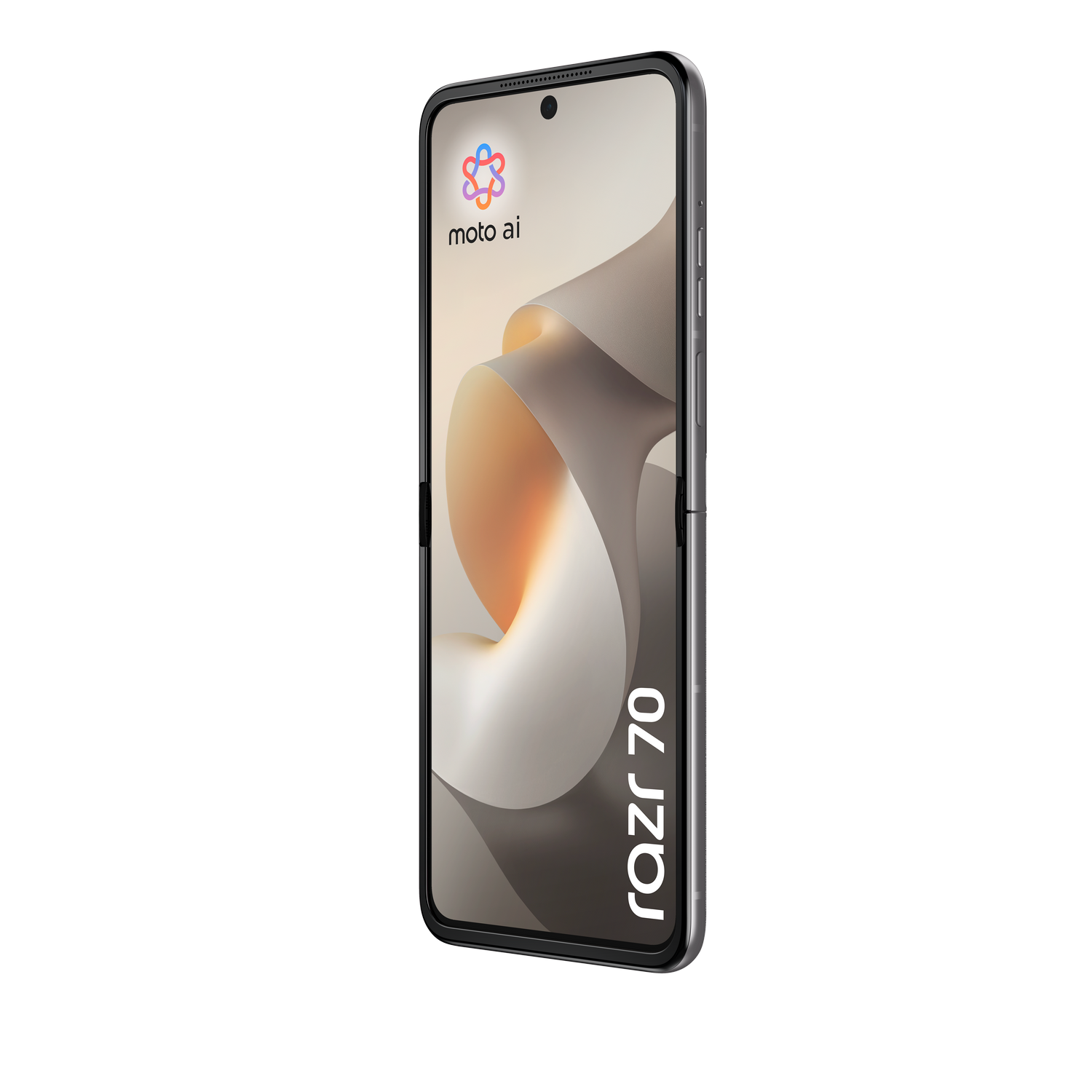 Se muestra un teléfono plegable plateado Motorola Razr 70 con la pantalla encendida, mostrando olas abstractas.