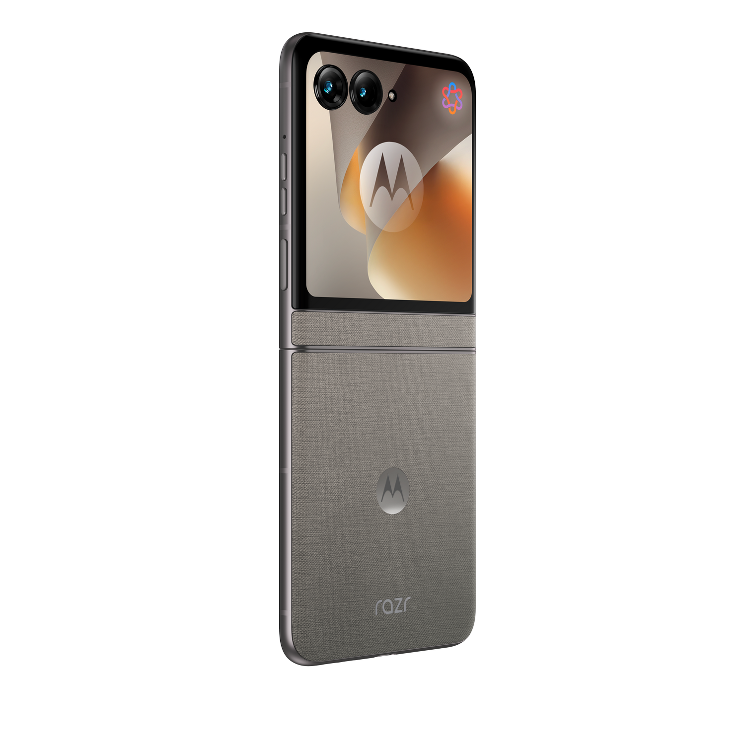 Teléfono plegable Motorola Razr gris con dos cámaras y logo Motorola.