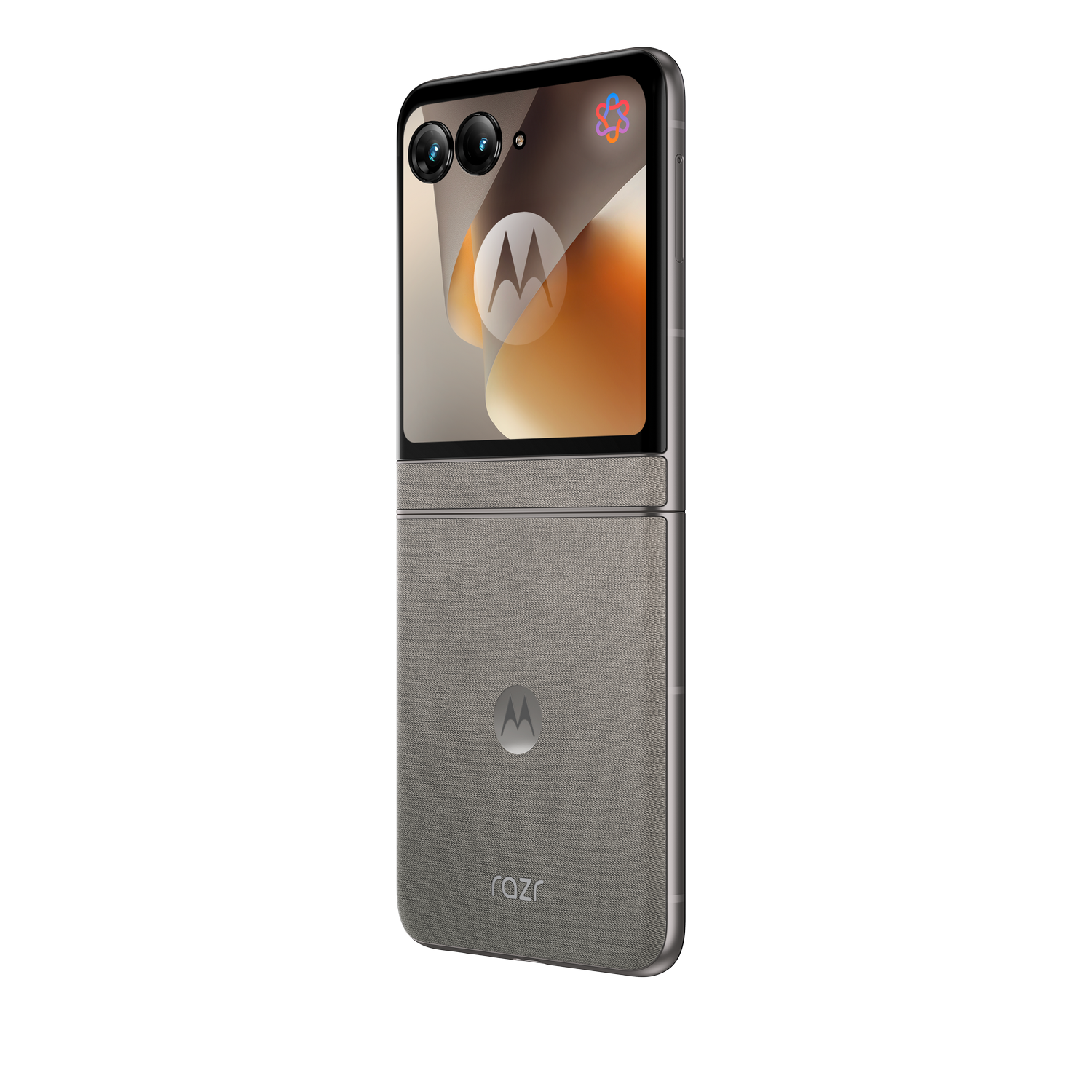 Teléfono plegable gris con doble cámara arriba y logo Motorola.
