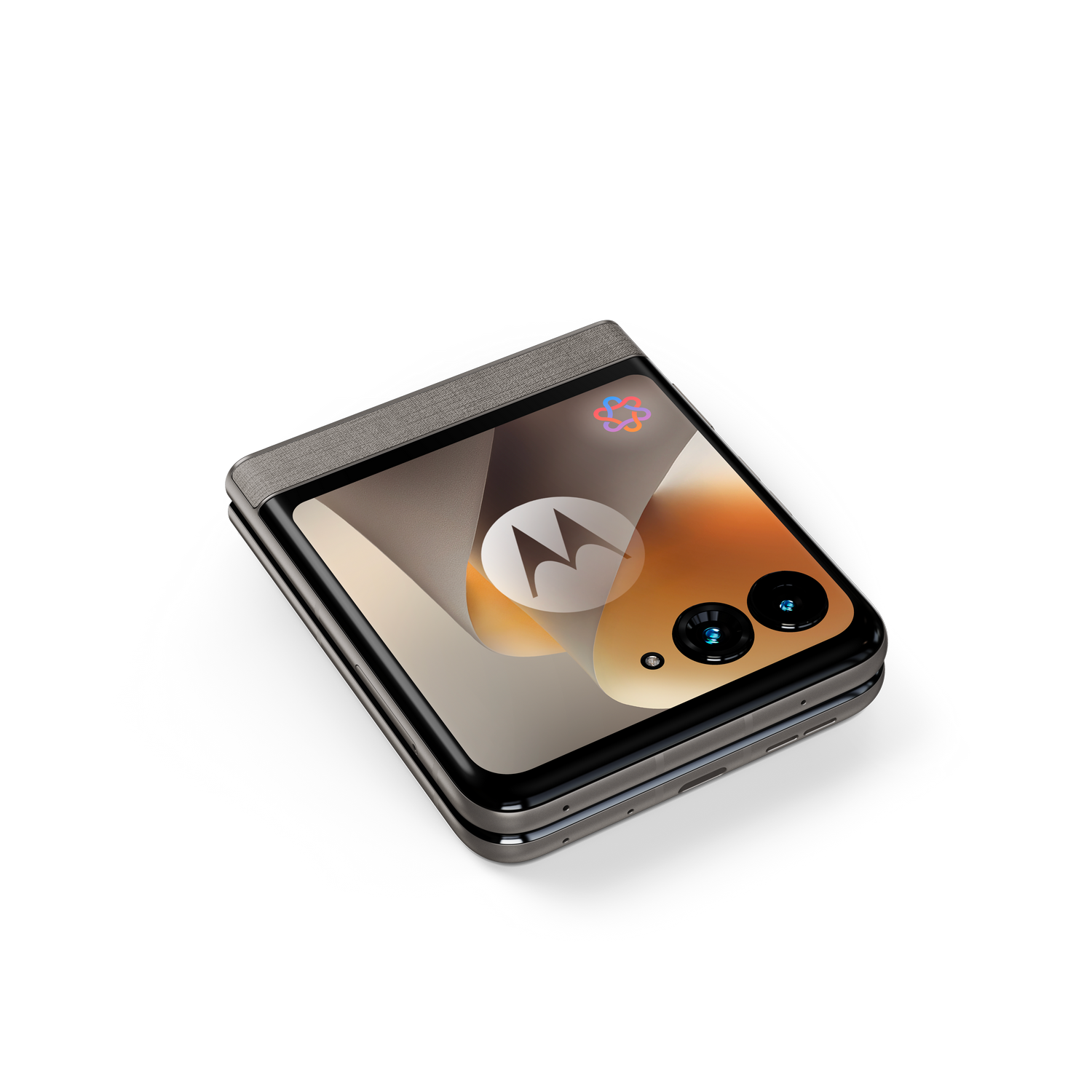 Un teléfono Motorola plegable cerrado con dos cámaras y parte superior gris.
