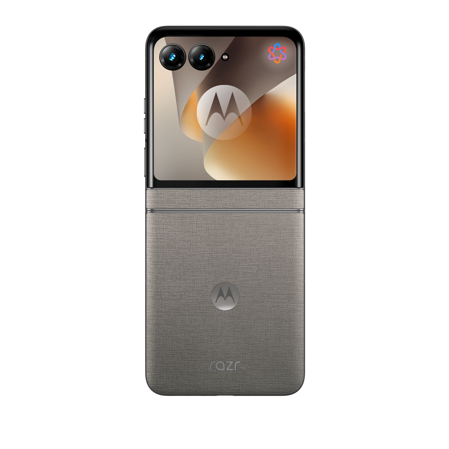 Un teléfono plegable Motorola Razr gris con dos cámaras arriba y un logo Motorola.