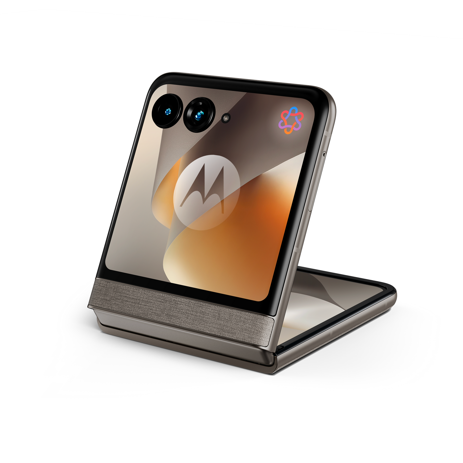 Un smartphone Motorola Razr abierto sobre un fondo negro.
