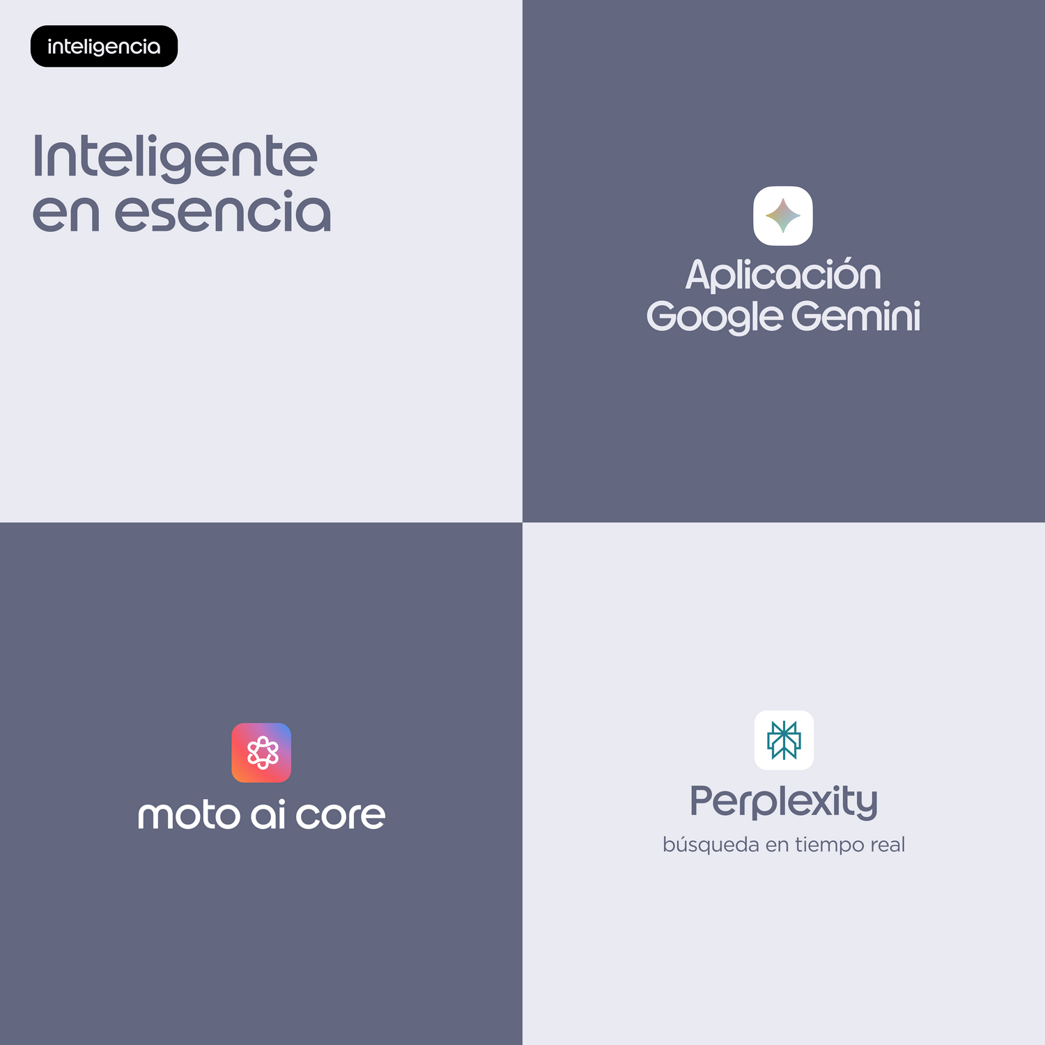 Cuatro secciones: 'Inteligencia Inteligente en esencia', app Google Gemini, moto ai core, Perplexity.