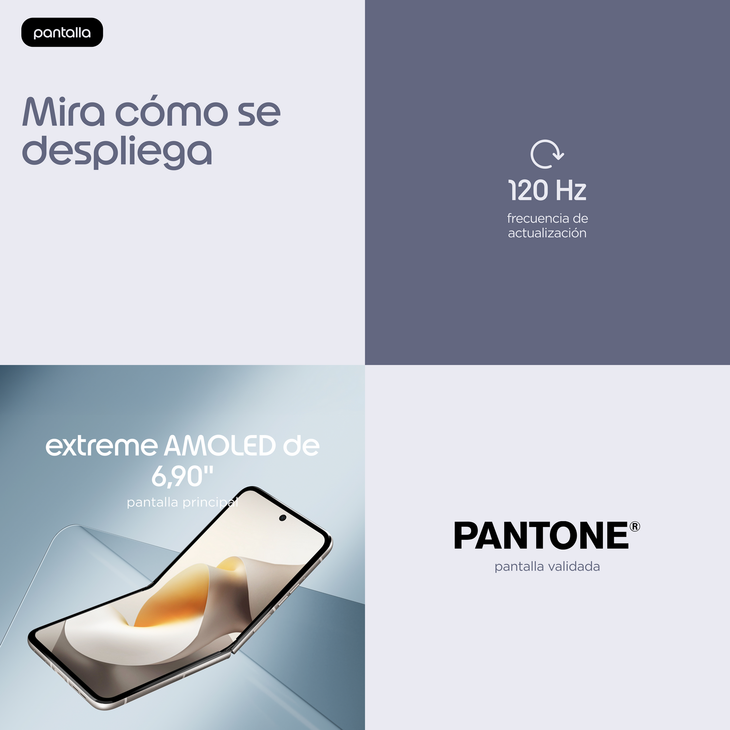 Un smartphone plegable con pantalla AMOLED de 120 Hz, validado por Pantone.