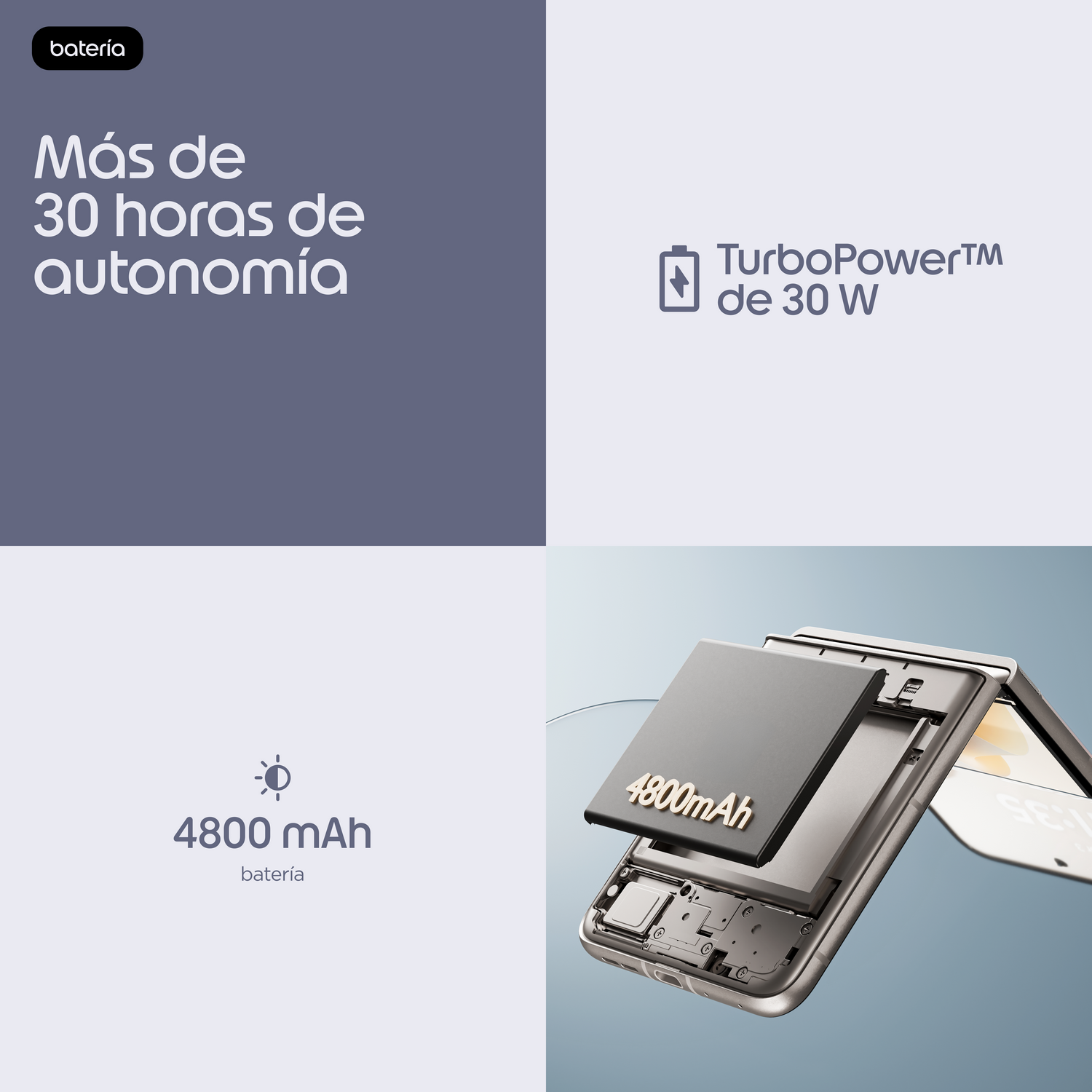 Batería: Más de 30 horas de autonomía, 4800mAh, 30W TurboPower.