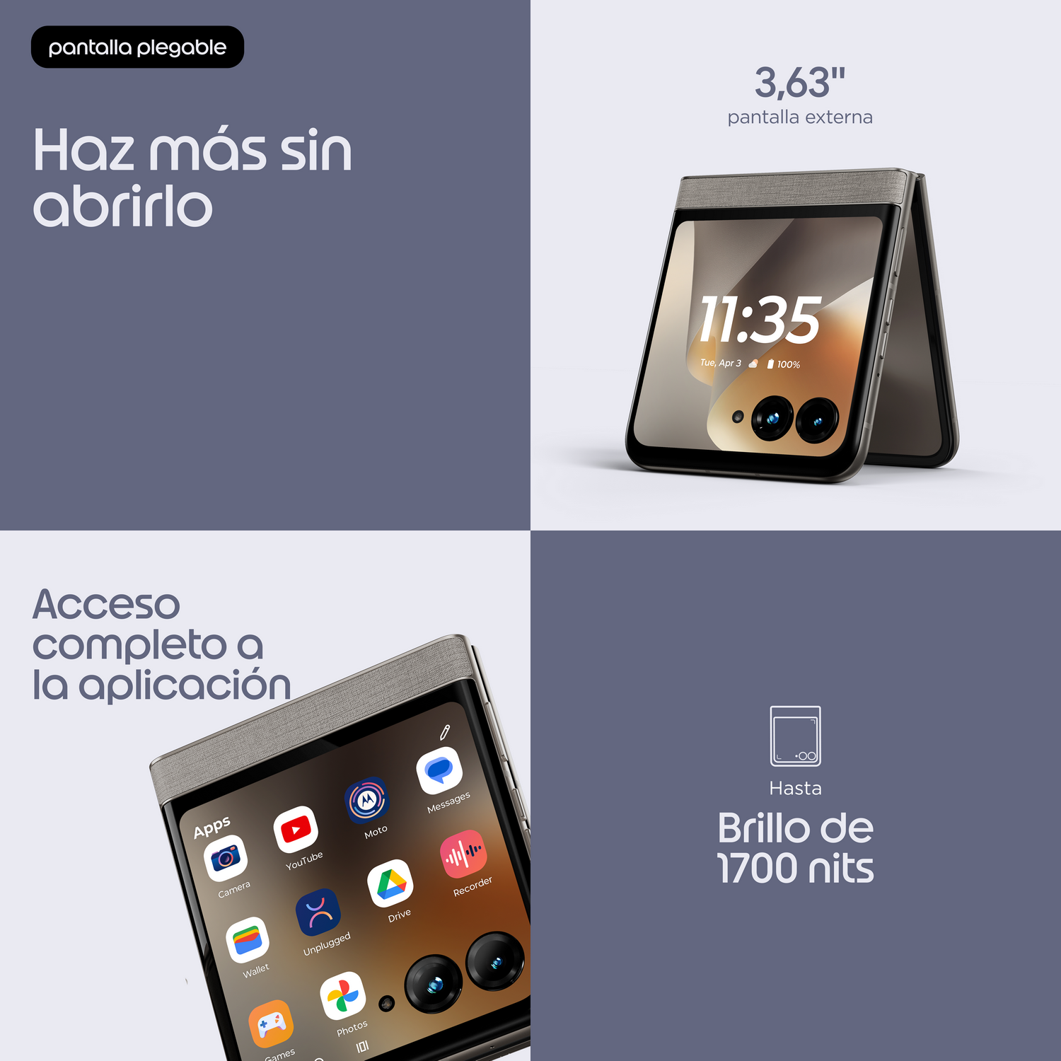 Un smartphone plegable con pantalla externa y vista de aplicaciones.