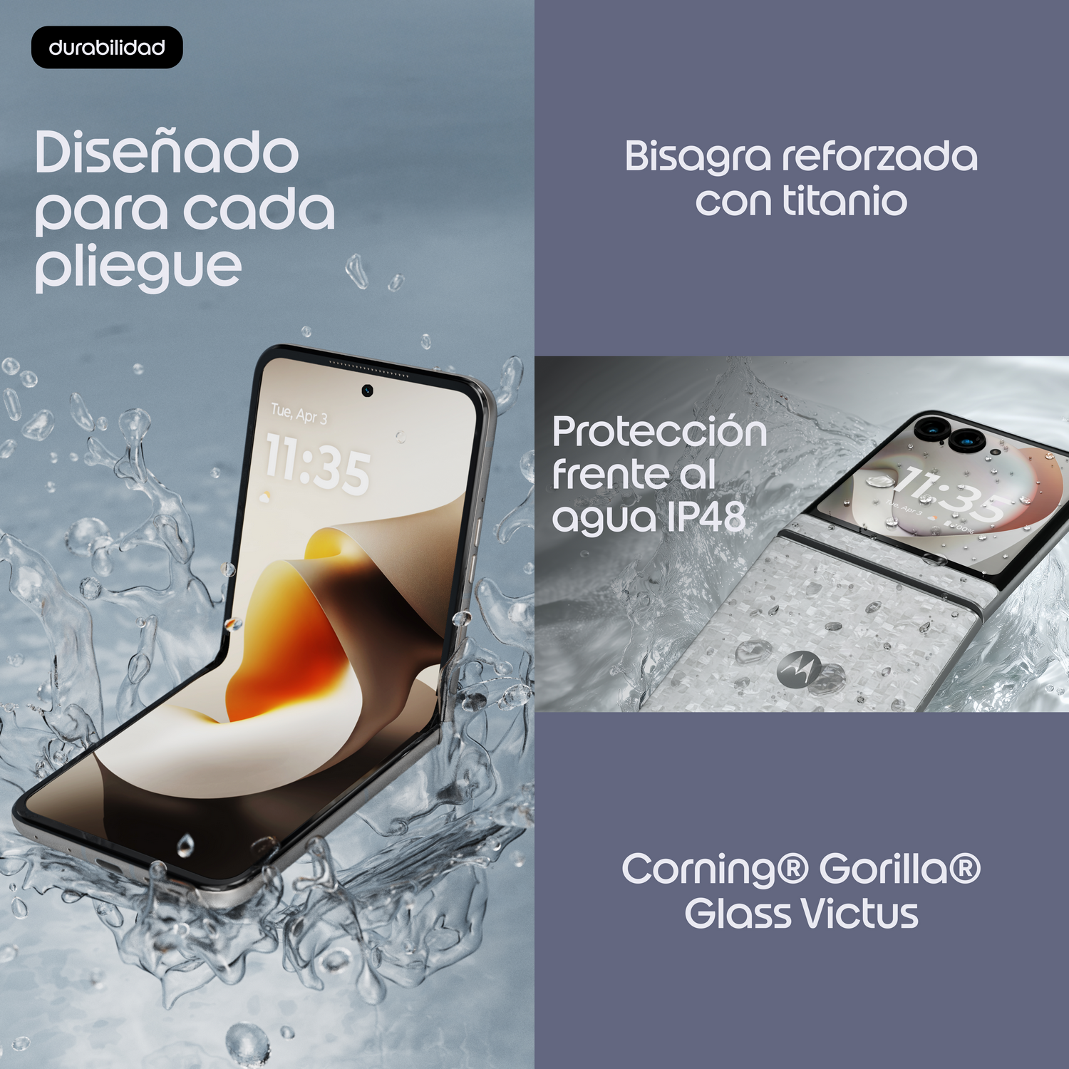 Un teléfono plegable en agua, destacando "Durabilidad" y "resistencia al agua IP48".