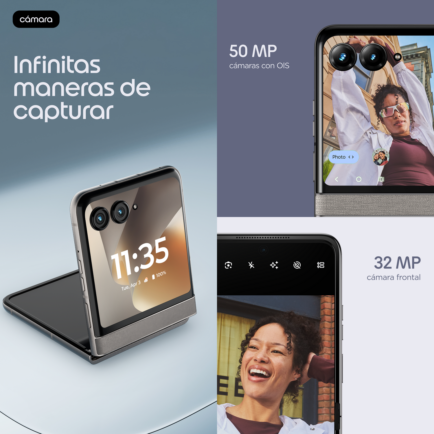 Un smartphone plegable que muestra las 11:35 en su pantalla, con cámaras duales.