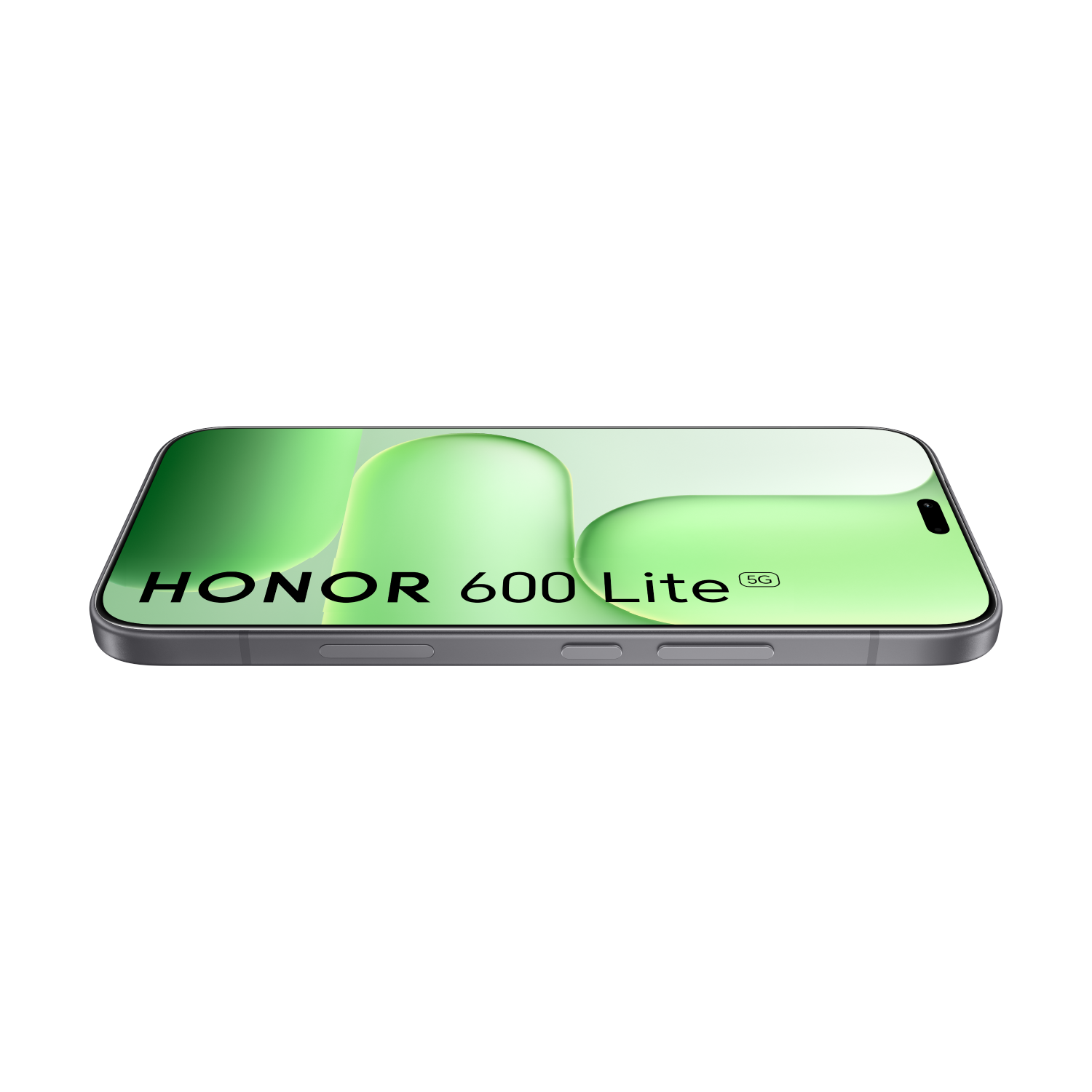 Un smartphone gris con un fondo de pantalla abstracto verde y verde claro, mostrando "HONOR 600 Lite 5G" sobre un fondo negro.