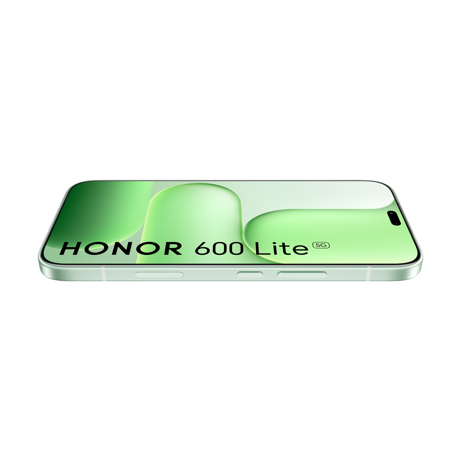 Un smartphone HONOR 600 Lite 5G verde claro sobre fondo gris.