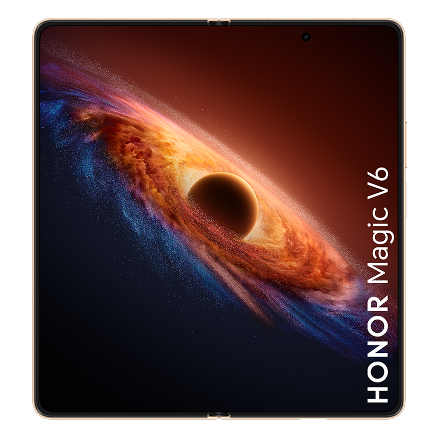 Un smartphone con marco dorado muestra una galaxia naranja y azul arremolinada con un planeta oscuro. "HONOR Magic V6" está escrito verticalmente a la derecha.