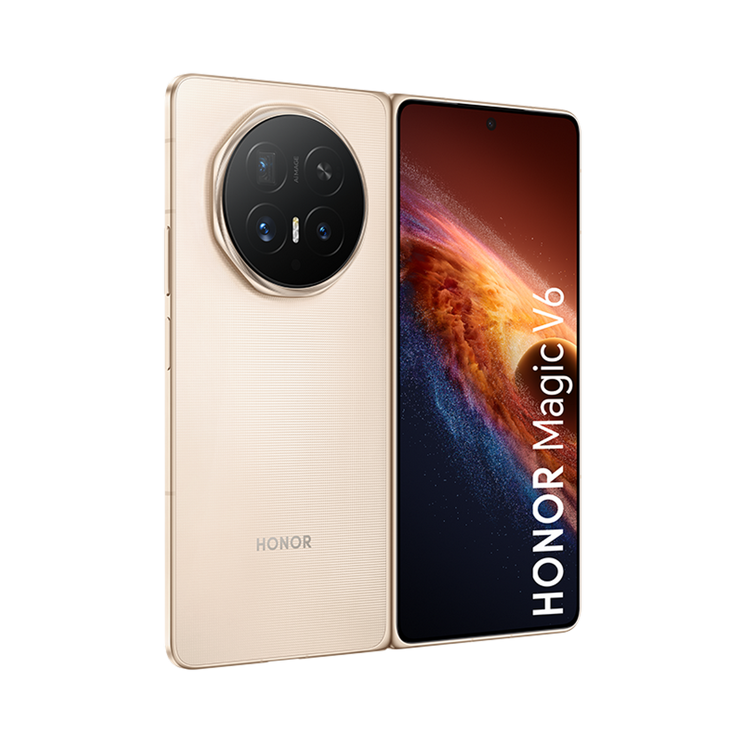 Smartphone Honor Magic V6 dorado, abierto, muestra módulo de cámara y fondo cósmico.