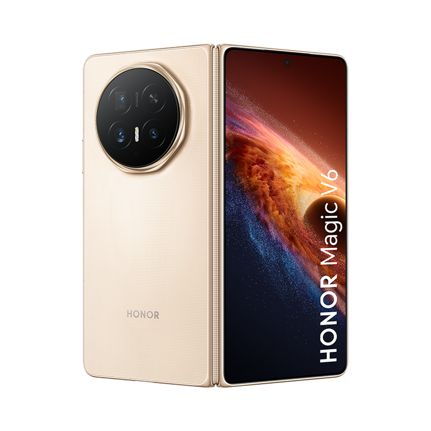 Un teléfono plegado Honor Magic V6 dorado sobre fondo negro. La parte trasera tiene una cámara circular.
