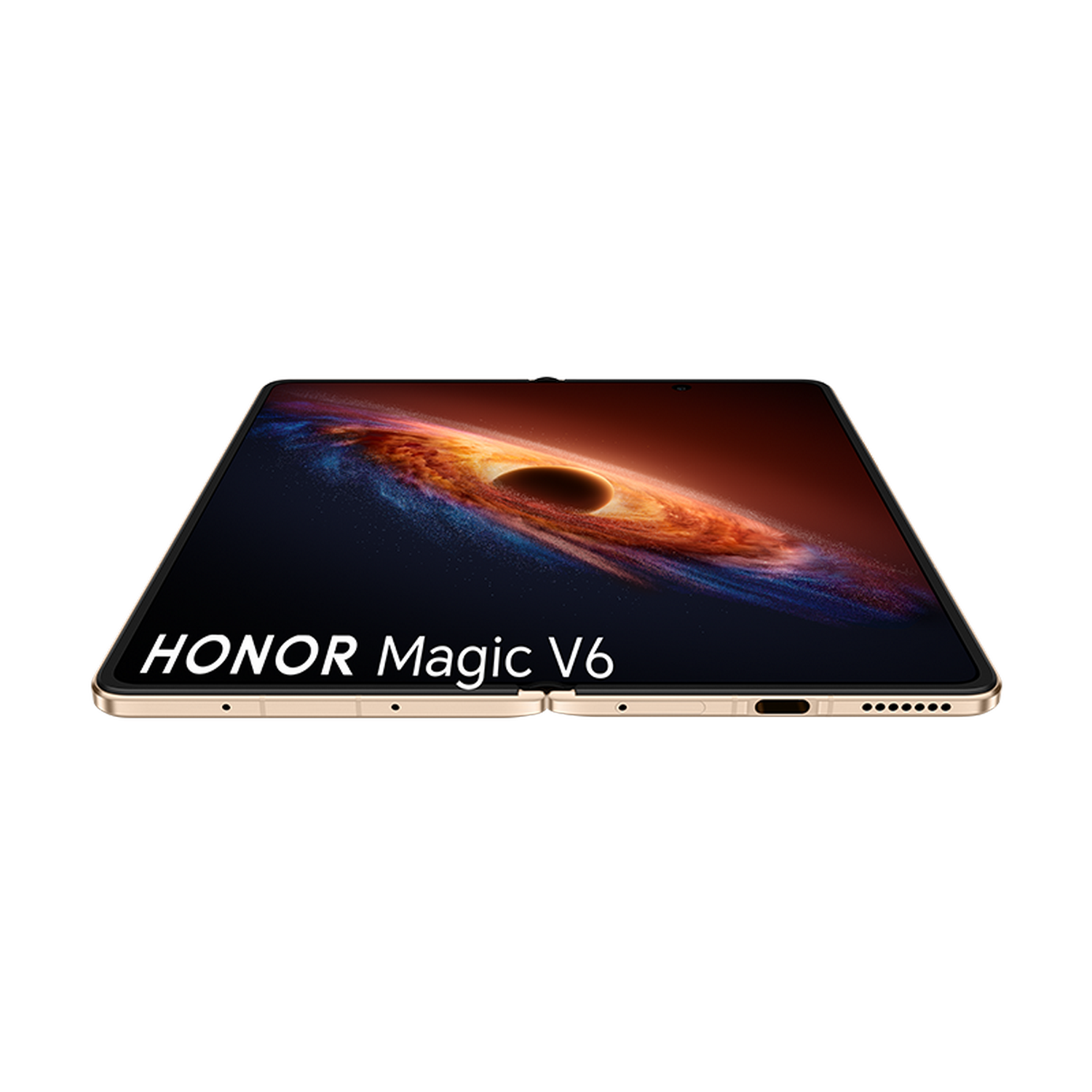 Un teléfono plegable Honor Magic V6 dorado se muestra parcialmente abierto, mostrando un fondo de pantalla vibrante de agujero negro.
