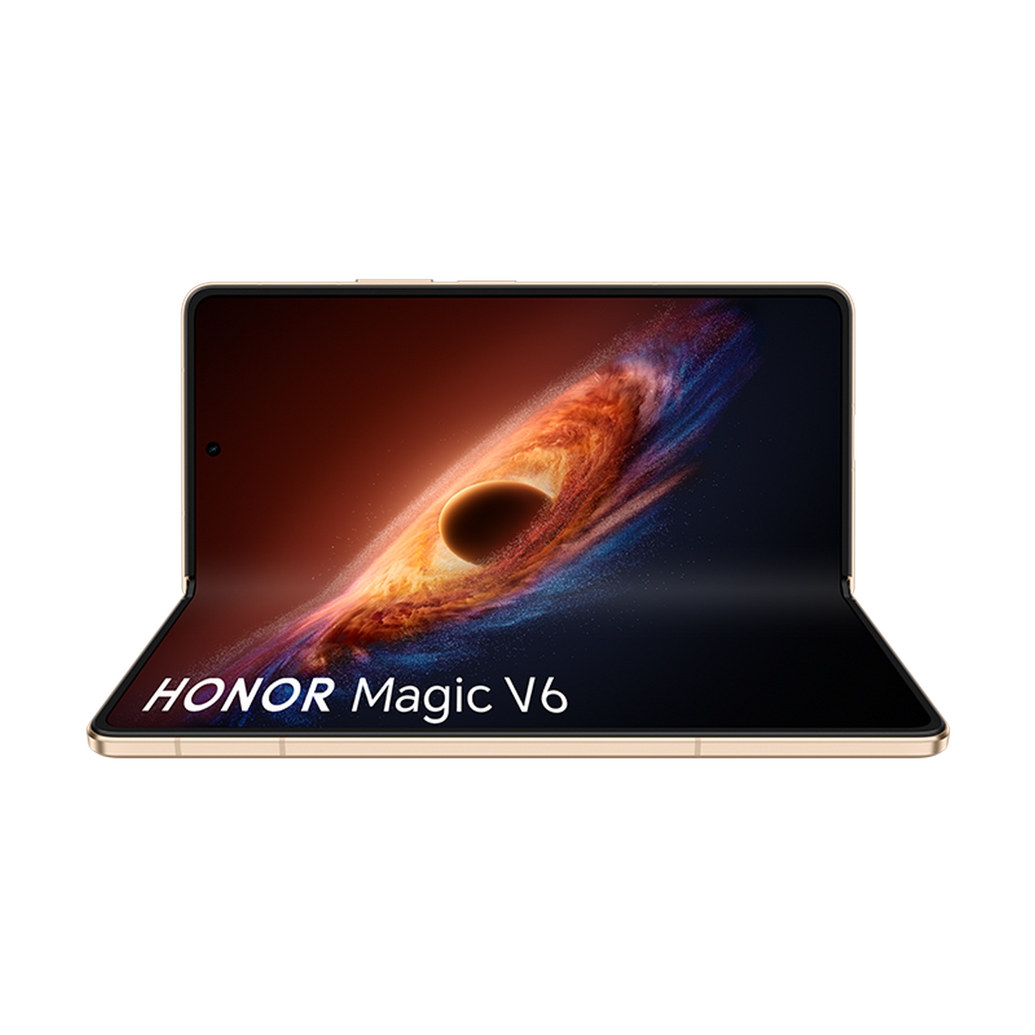 Un smartphone desplegado muestra un fondo cósmico con el texto HONOR Magic V6.