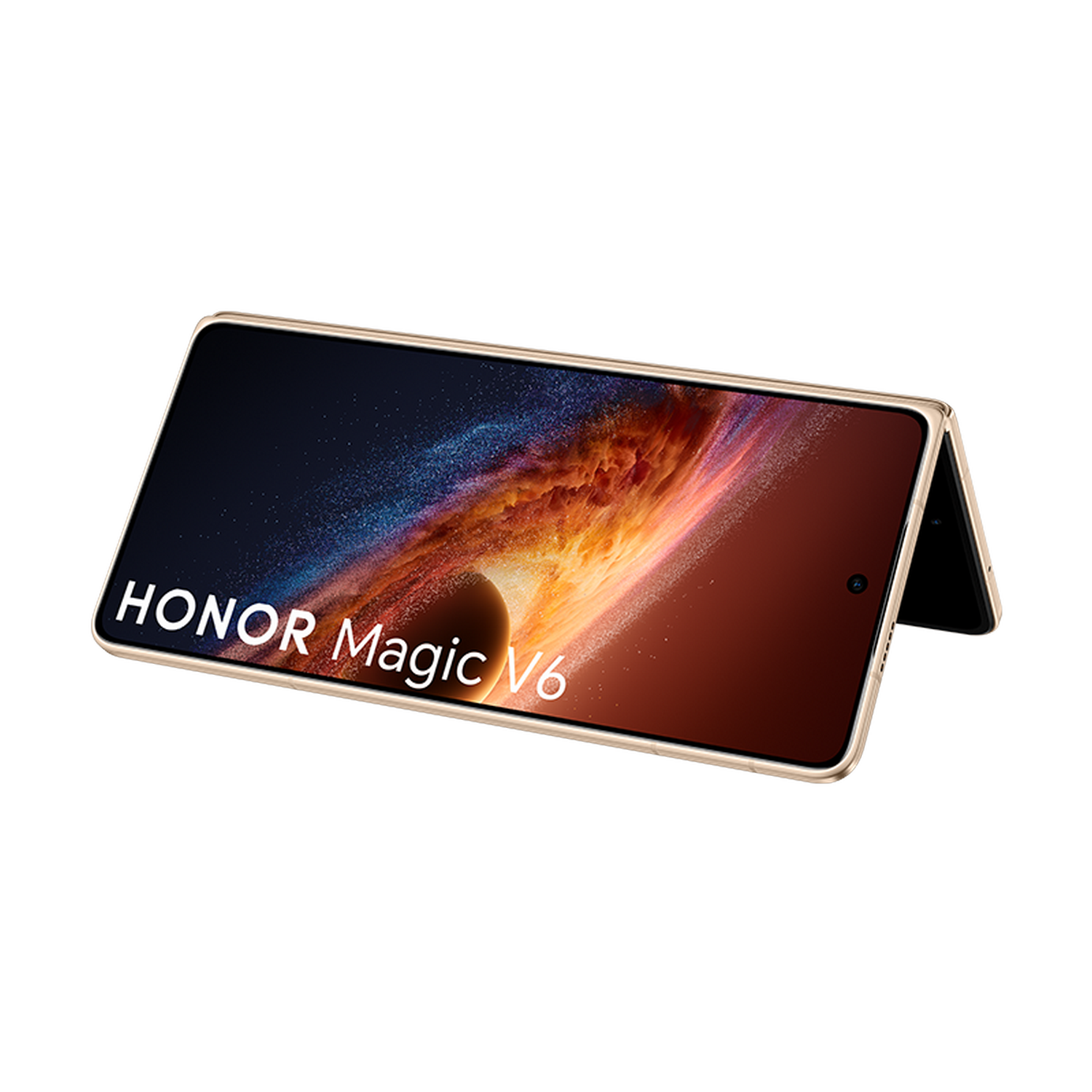 Smartphone HONOR Magic V6 plegado con marco dorado y fondo cósmico.