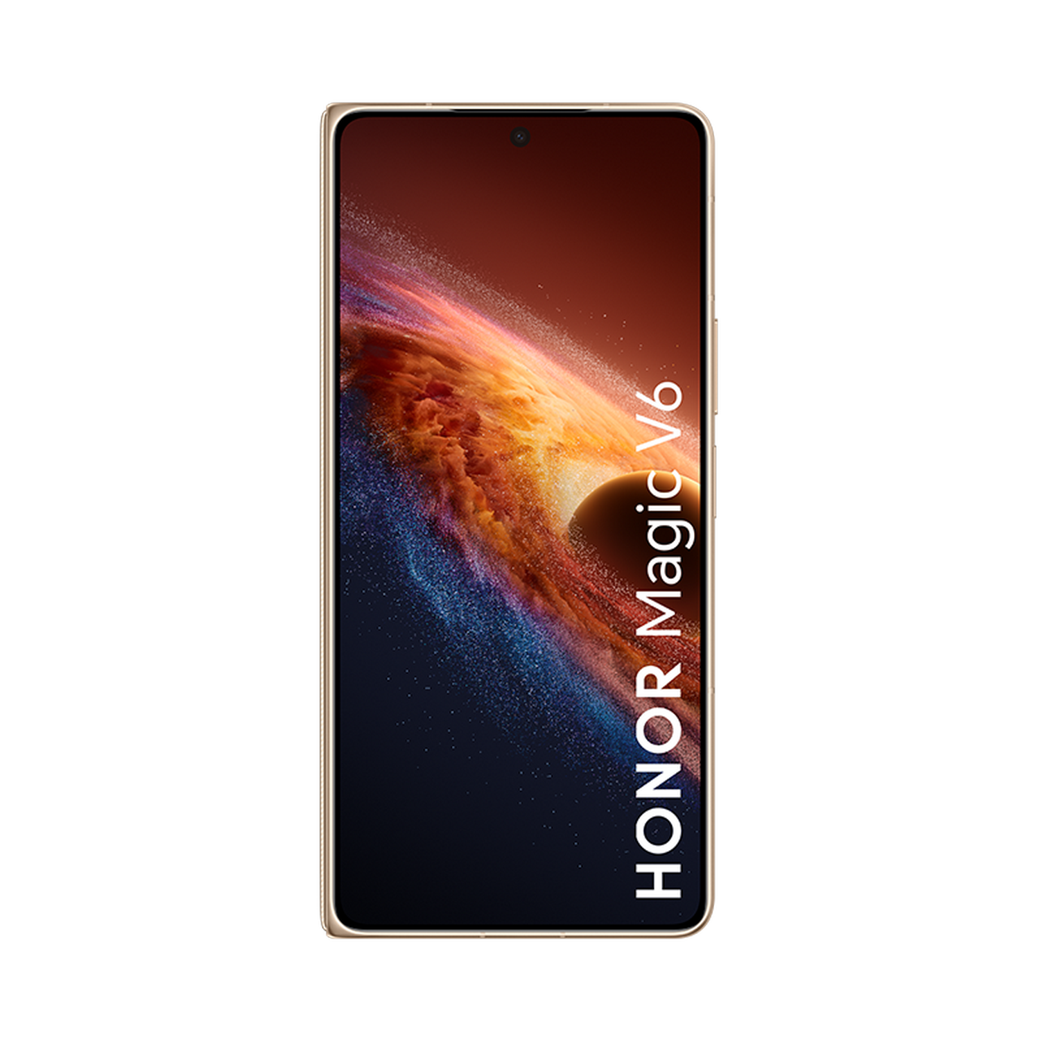 Un smartphone dorado con un fondo de pantalla cósmico. HONOR Magic V6.