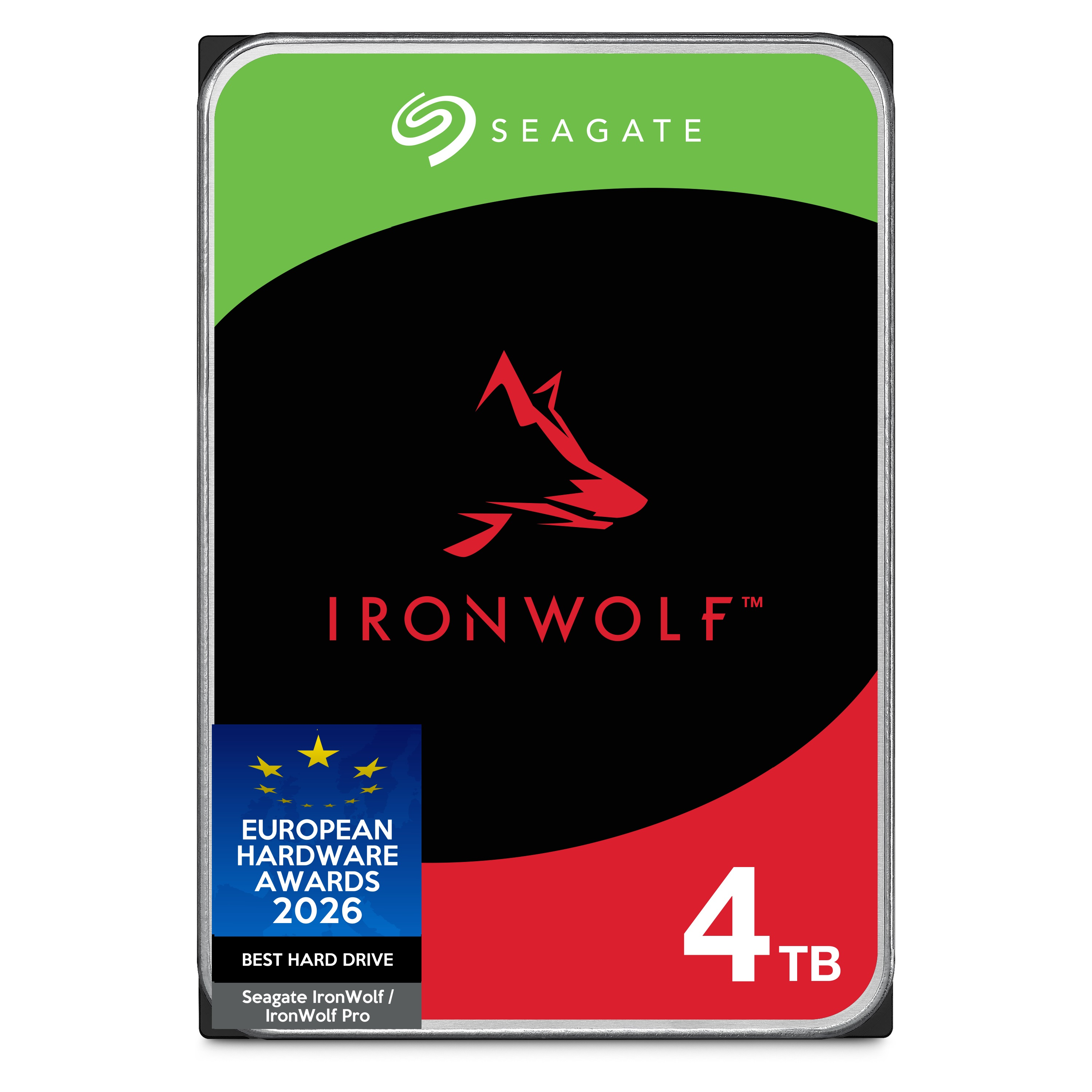Seagate IronWolf 4TB Festplatte mit rotem Wolfskopf-Logo.