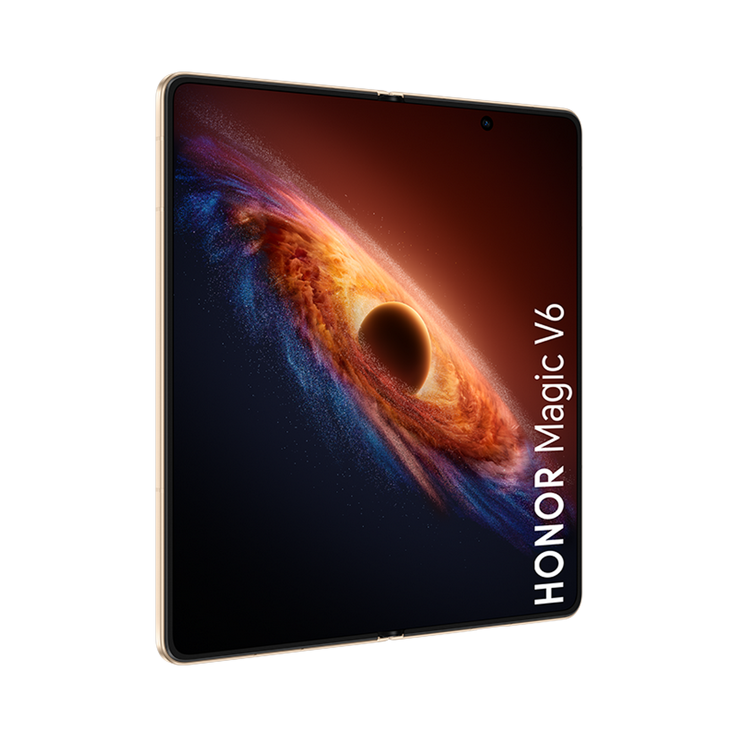 Un smartphone dorado muestra un fondo cósmico en su pantalla sobre fondo negro.