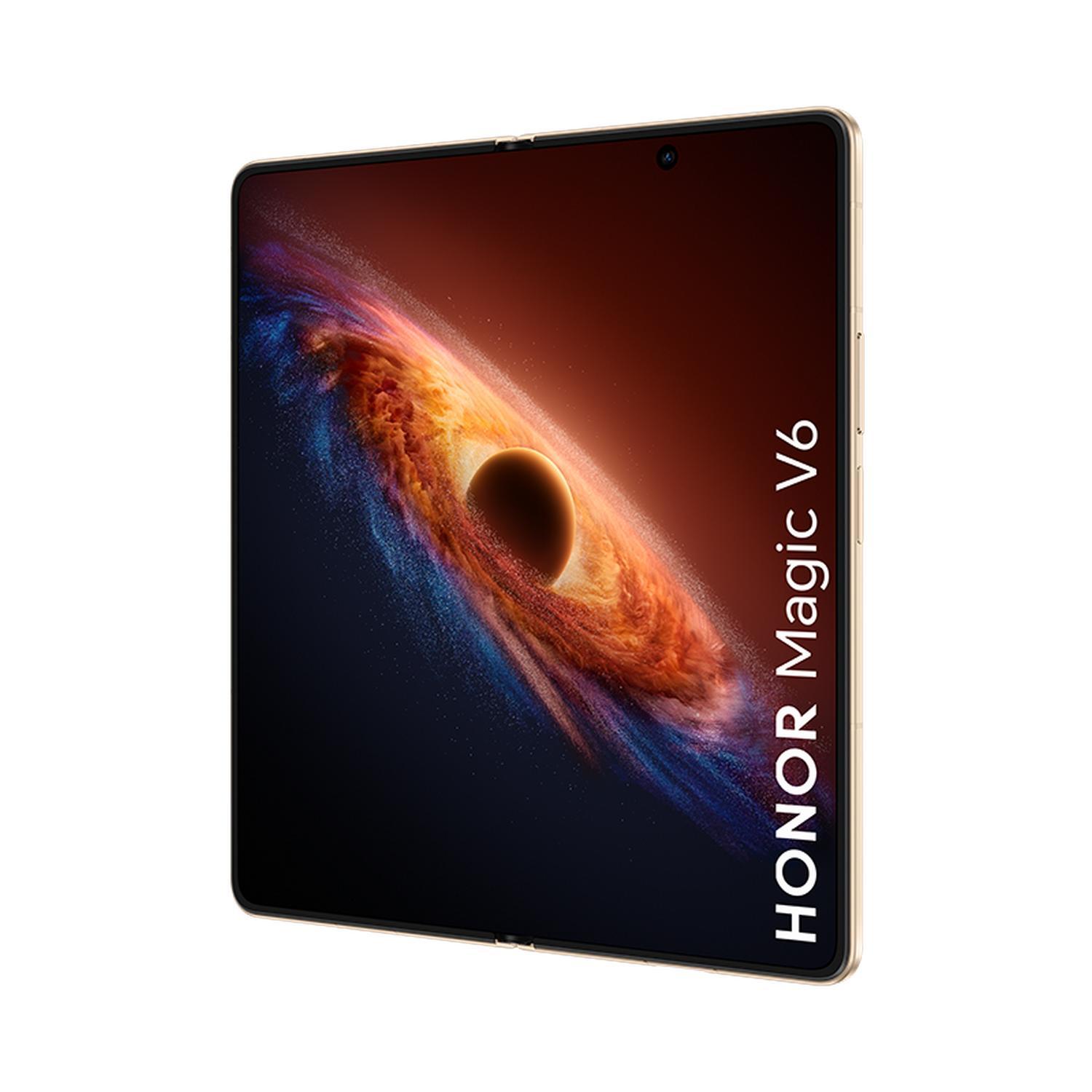 Un smartphone con borde dorado que muestra un fondo de pantalla cósmico. HONOR Magic V6.