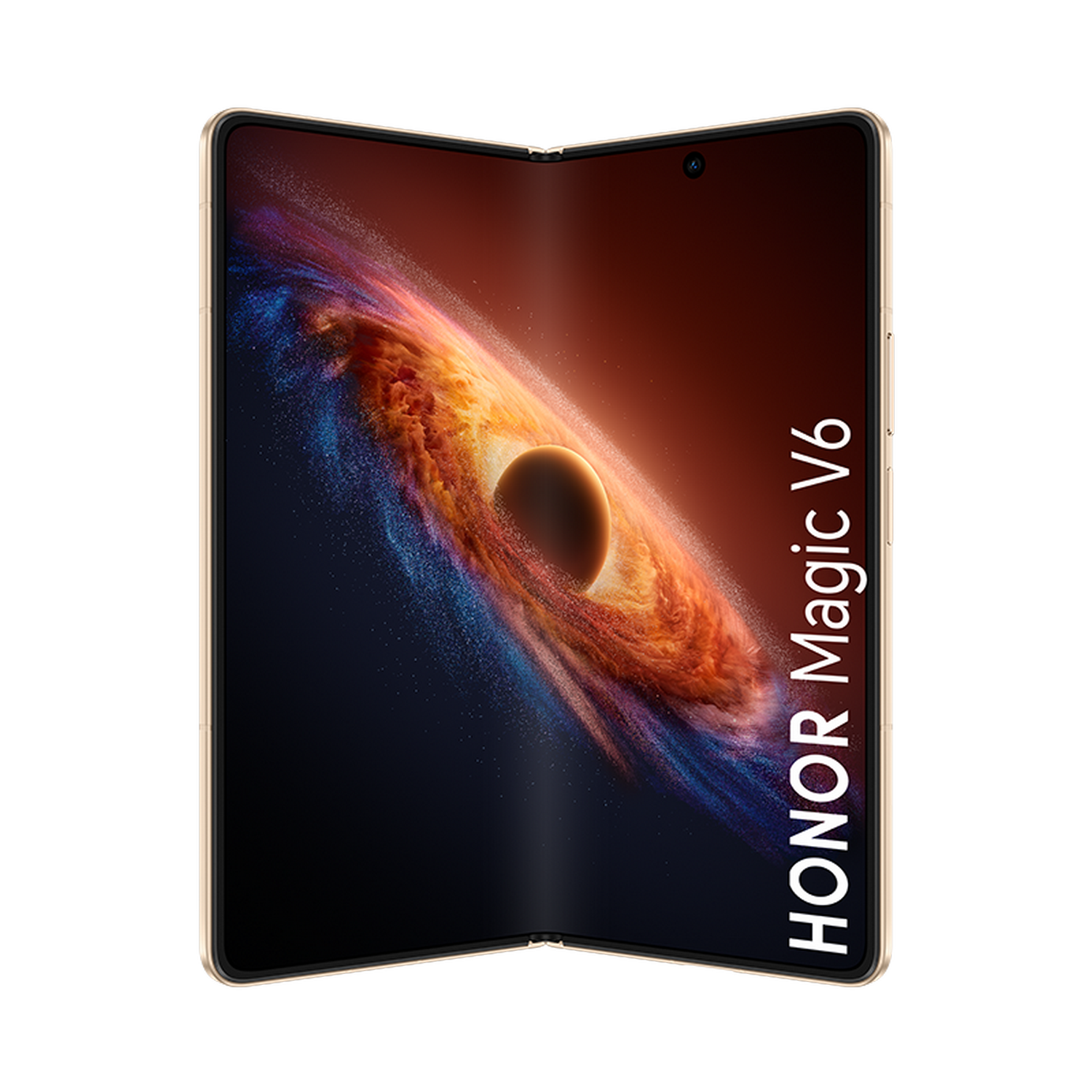 Un smartphone dorado plegado muestra un fondo cósmico con texto HONOR Magic V6.