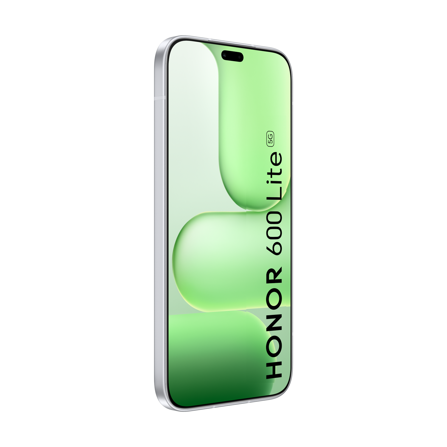 Teléfono plateado Honor 600 Lite 5G con fondo abstracto verde.