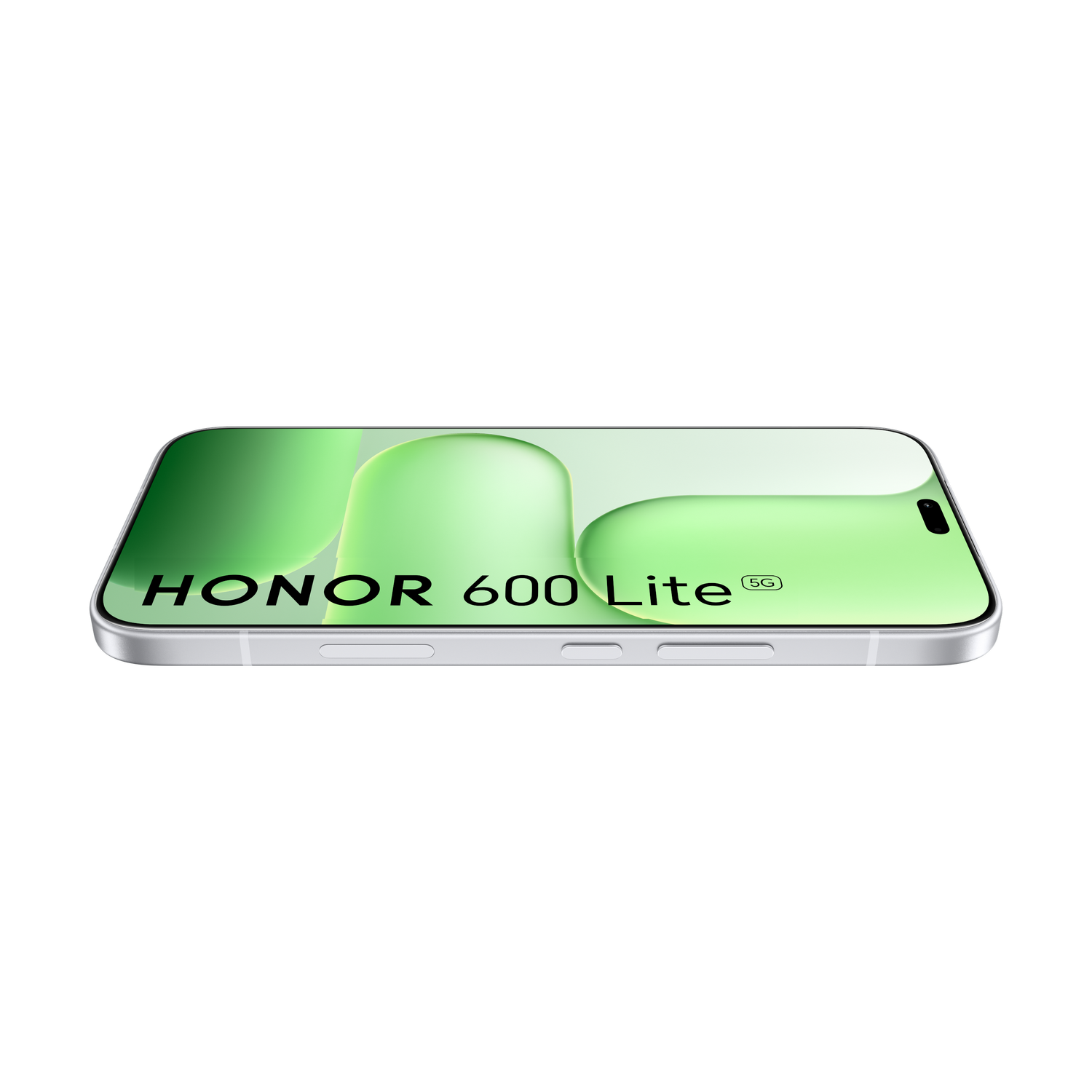 Teléfono inteligente plateado Honor 600 Lite con gradiente verde en pantalla.