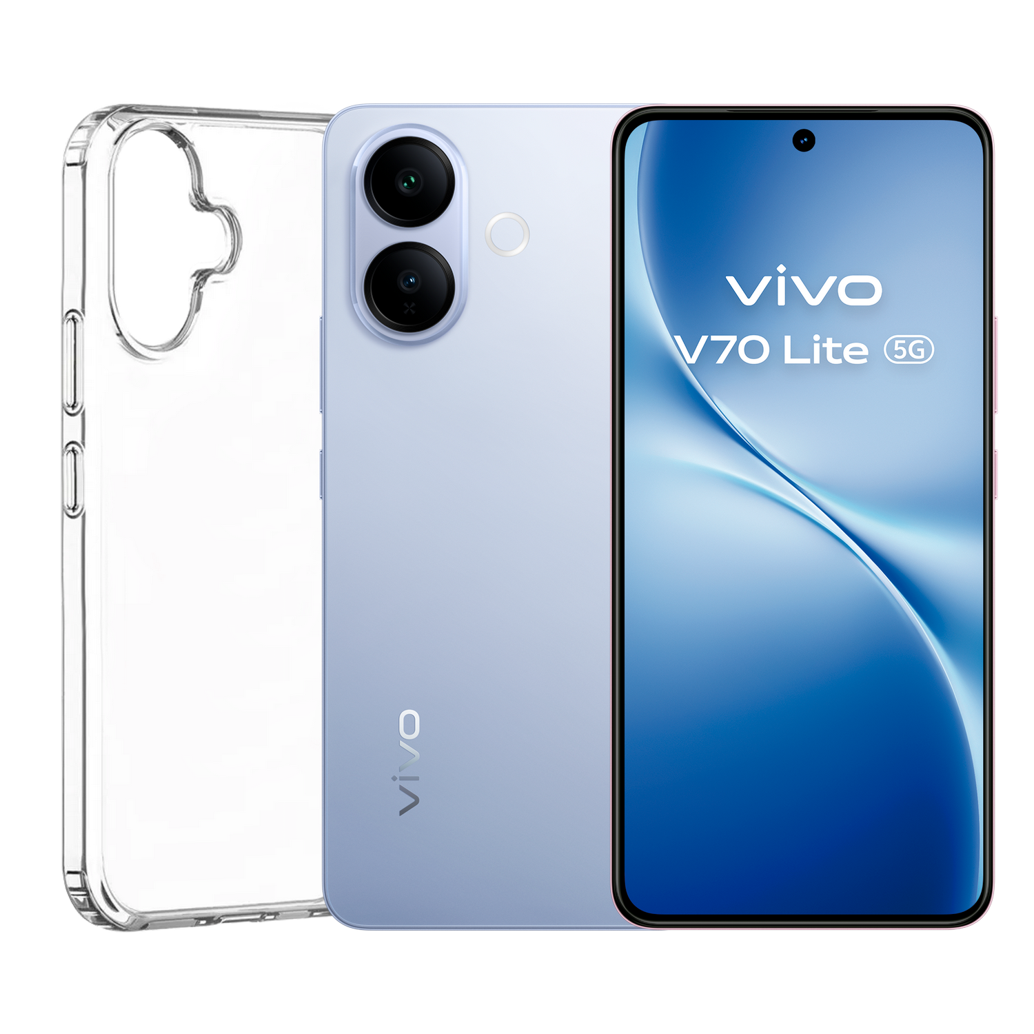 Un smartphone Vivo V70 Lite 5G azul con funda transparente.
