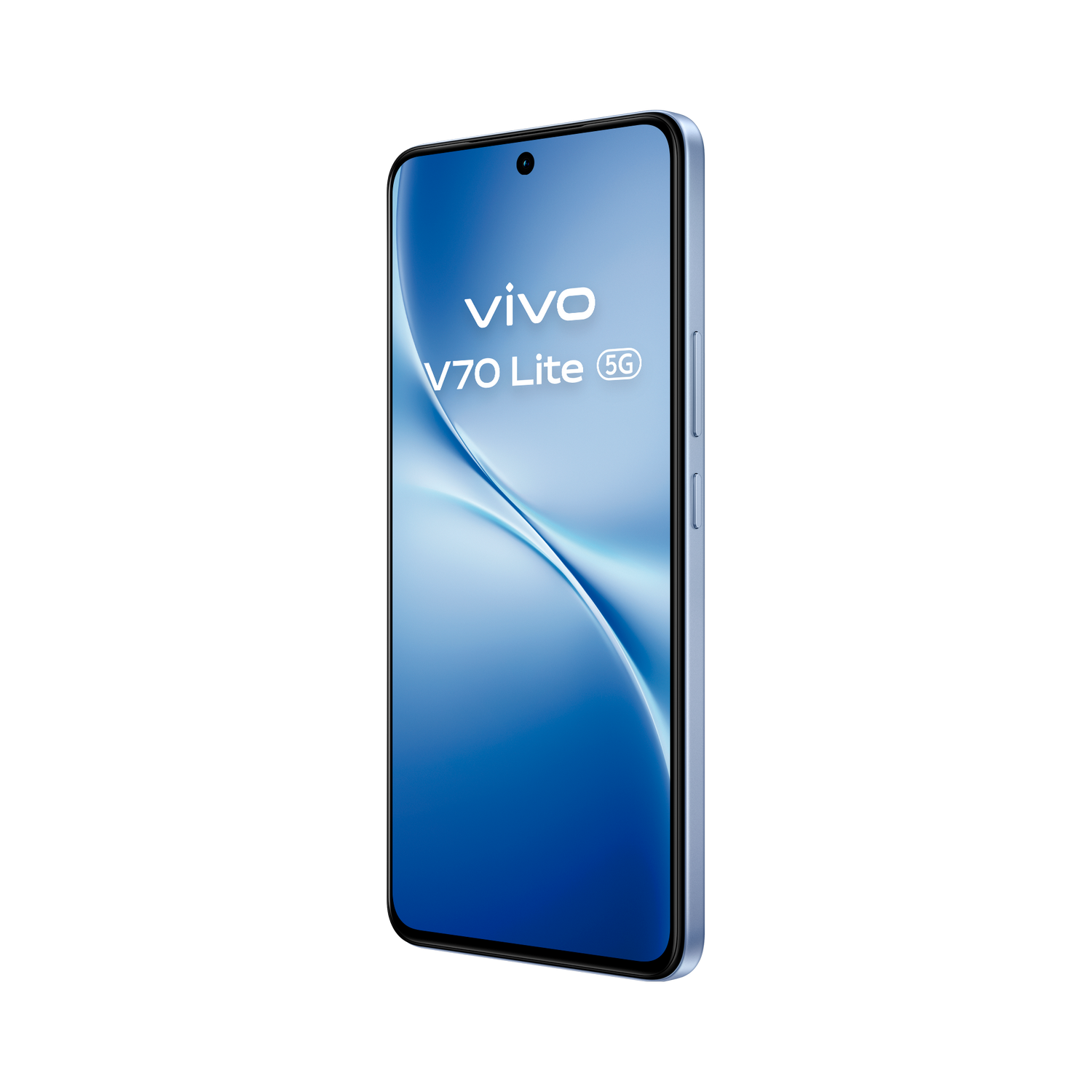 Un smartphone Vivo V70 Lite 5G azul claro, inclinado a la izquierda, muestra un gráfico curvo azul y blanco sobre un fondo gris.